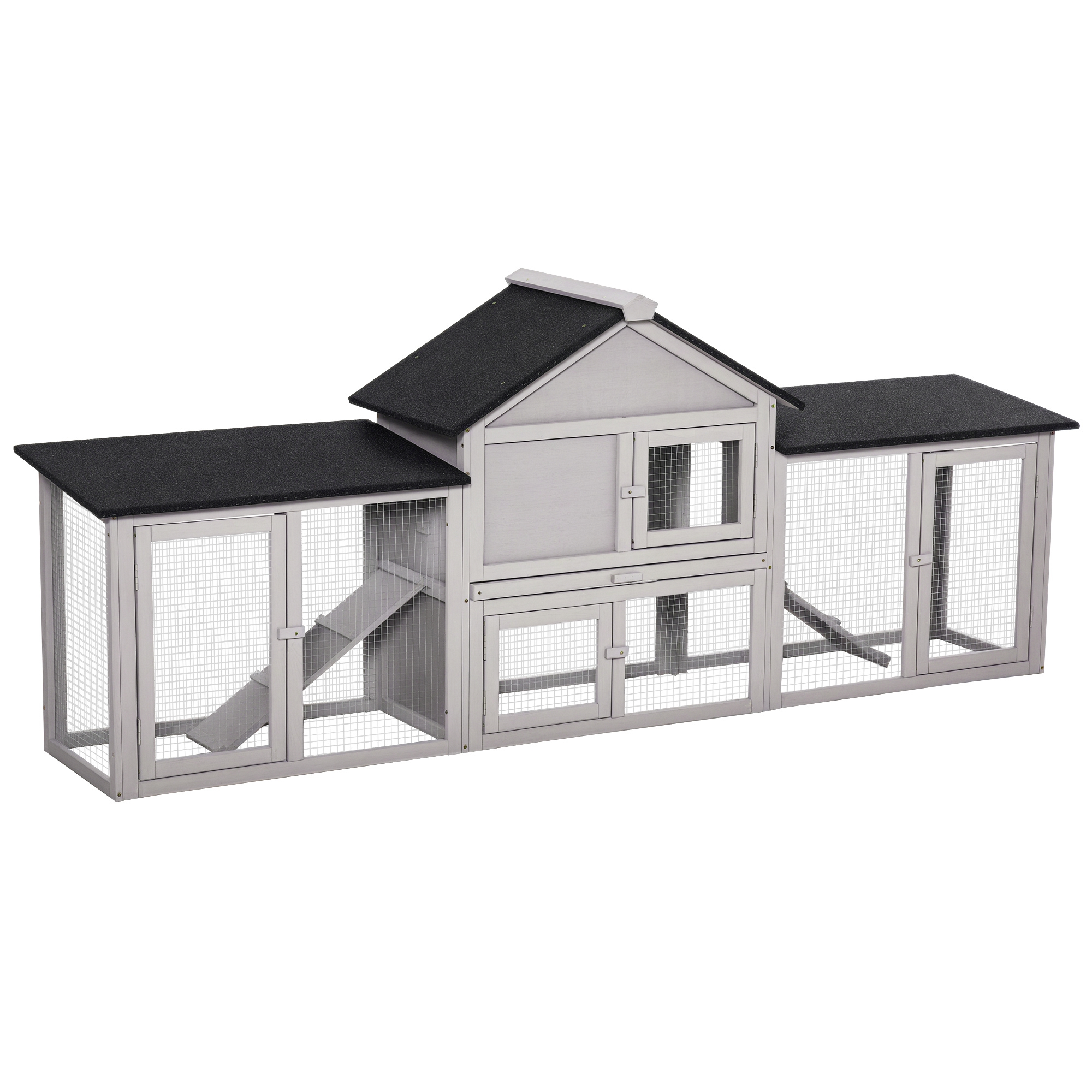 PawHut Outdoor Rabbit House 83" 2 Story Deluxe XL Wooden Rabbit Hutch Big Bunny Cage w/ Ladder and Run, Gray