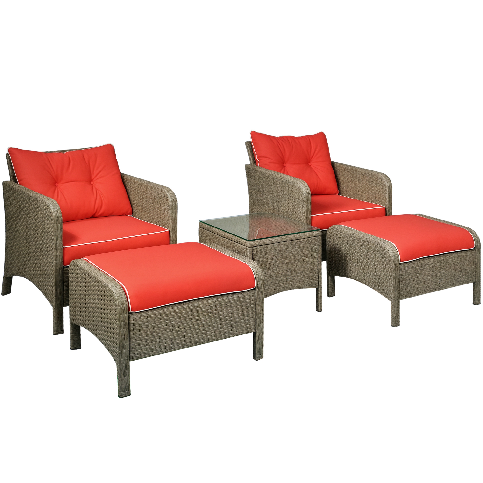 Outsunny 5 Pieces Rattan Wicker Lounge Chair Outdoor Patio Conversation Set w/ Cushioned Chairs, Ottomans and Tempered Glass Top