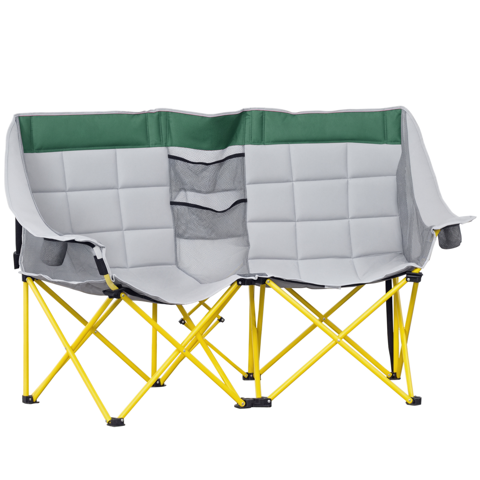 Outsunny Loveseat Style Camping Chair, Oversized Folding Lawn Chair with Carry Bag & Cup Holders, for Outdoor, Green & Gray