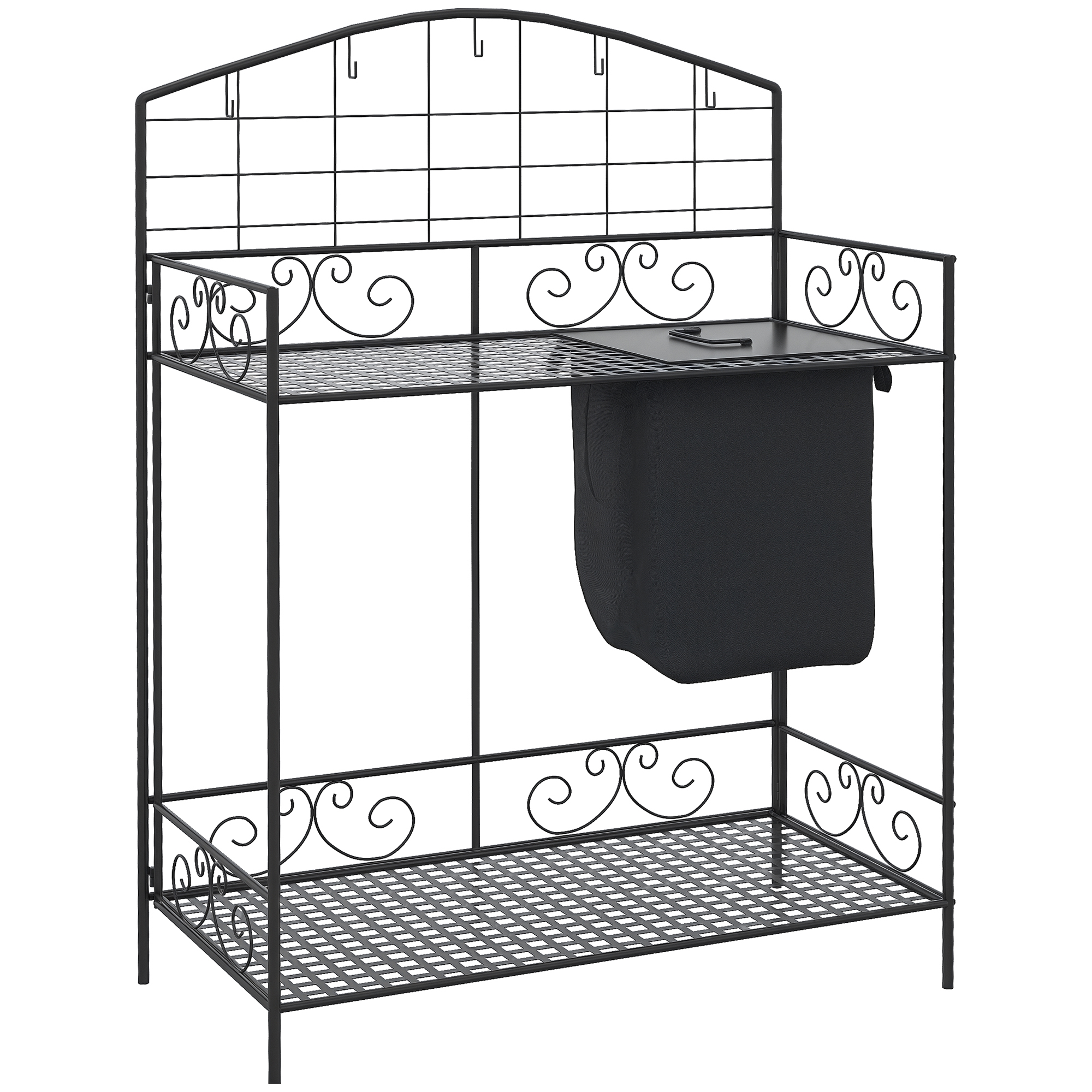 Outsunny Folding Potting Bench Table, Metal Garden Workstation, Work Bench with Large Build-In Bag with Cover, 5 Hanging Hooks & Storage Shelf, Flouri