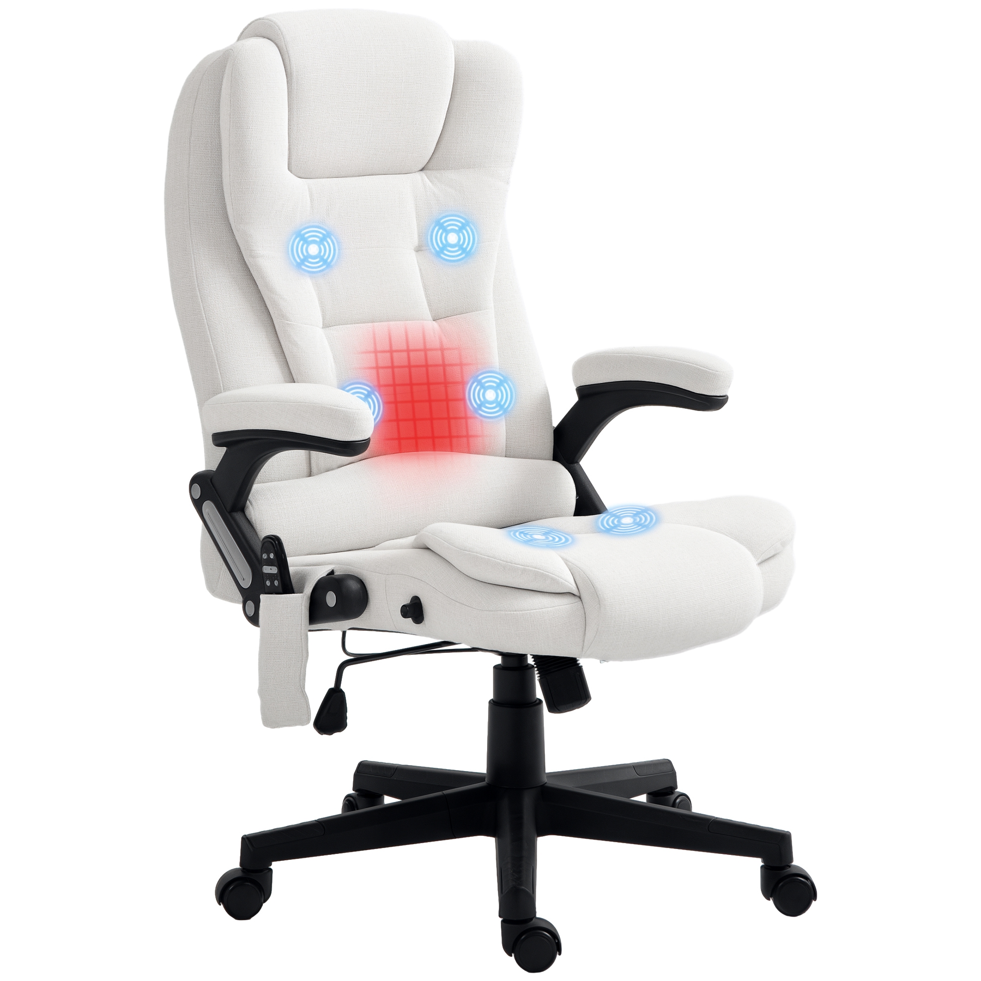 HOMCOM 6 Point Vibrating Massage Office Chair with Heat, Linen High Back Massage Desk Chair with Reclining Backrest, White
