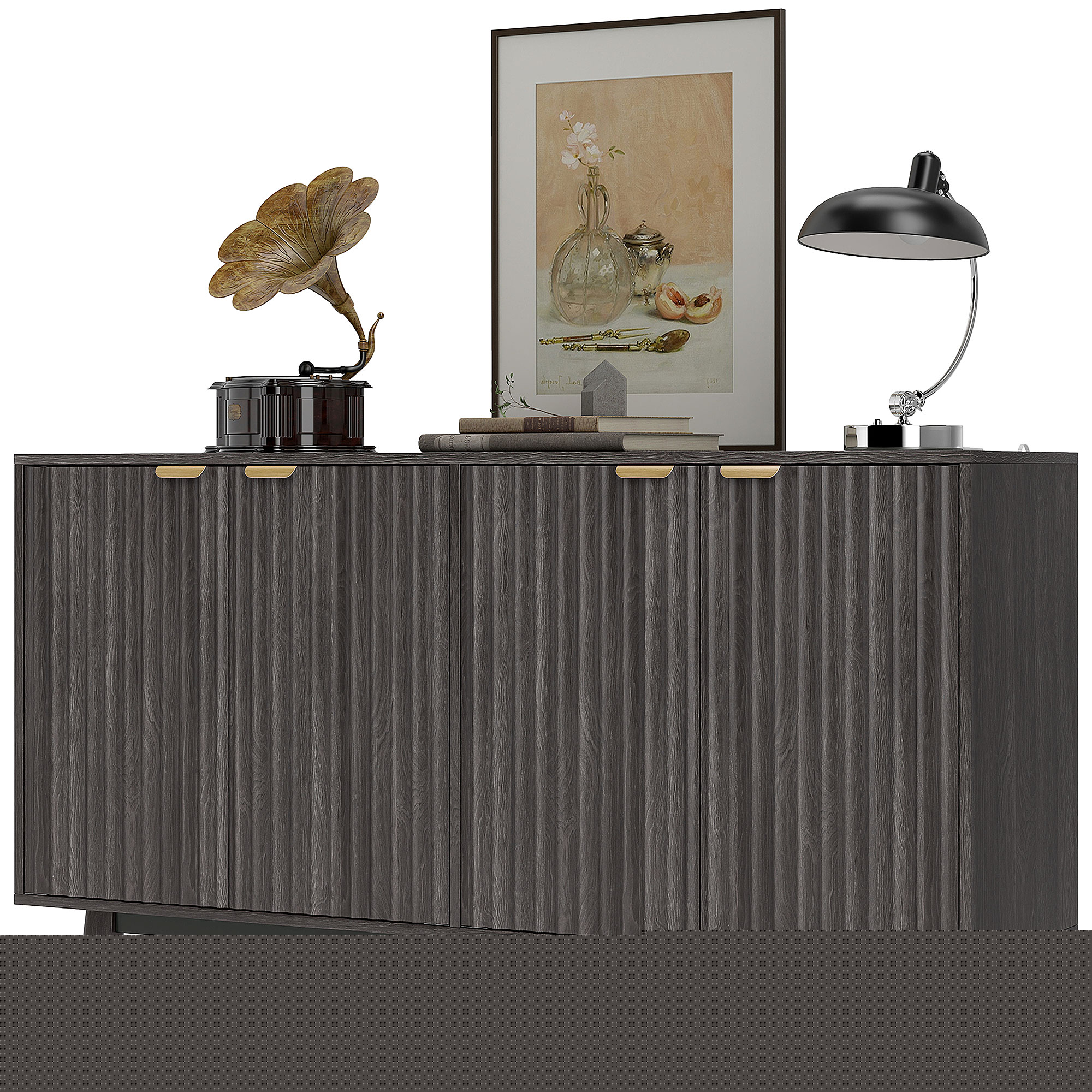 HOMCOM Fluted Sideboard Buffet Cabinet, 55" Coffee Bar Cabinet with 4 Doors, 2 Adjustable Shelves, 5 Wood Legs, Dark Gray
