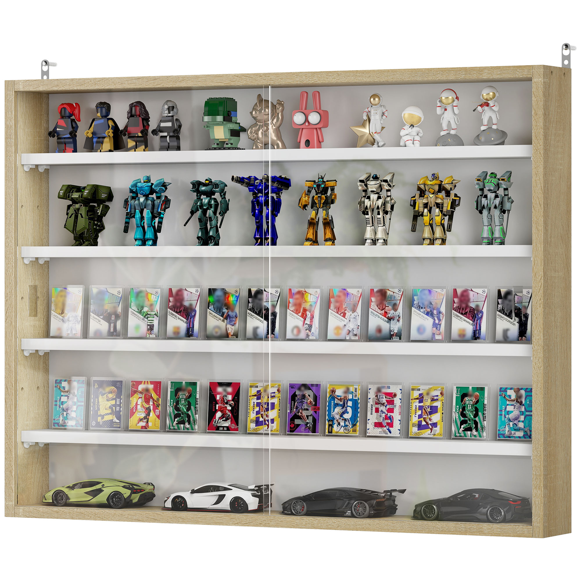 HOMCOM 5-Tier Display Cabinet, Wall-Mounted Display Case with 2 Glass Doors and Adjustable Shelves, Oak and White