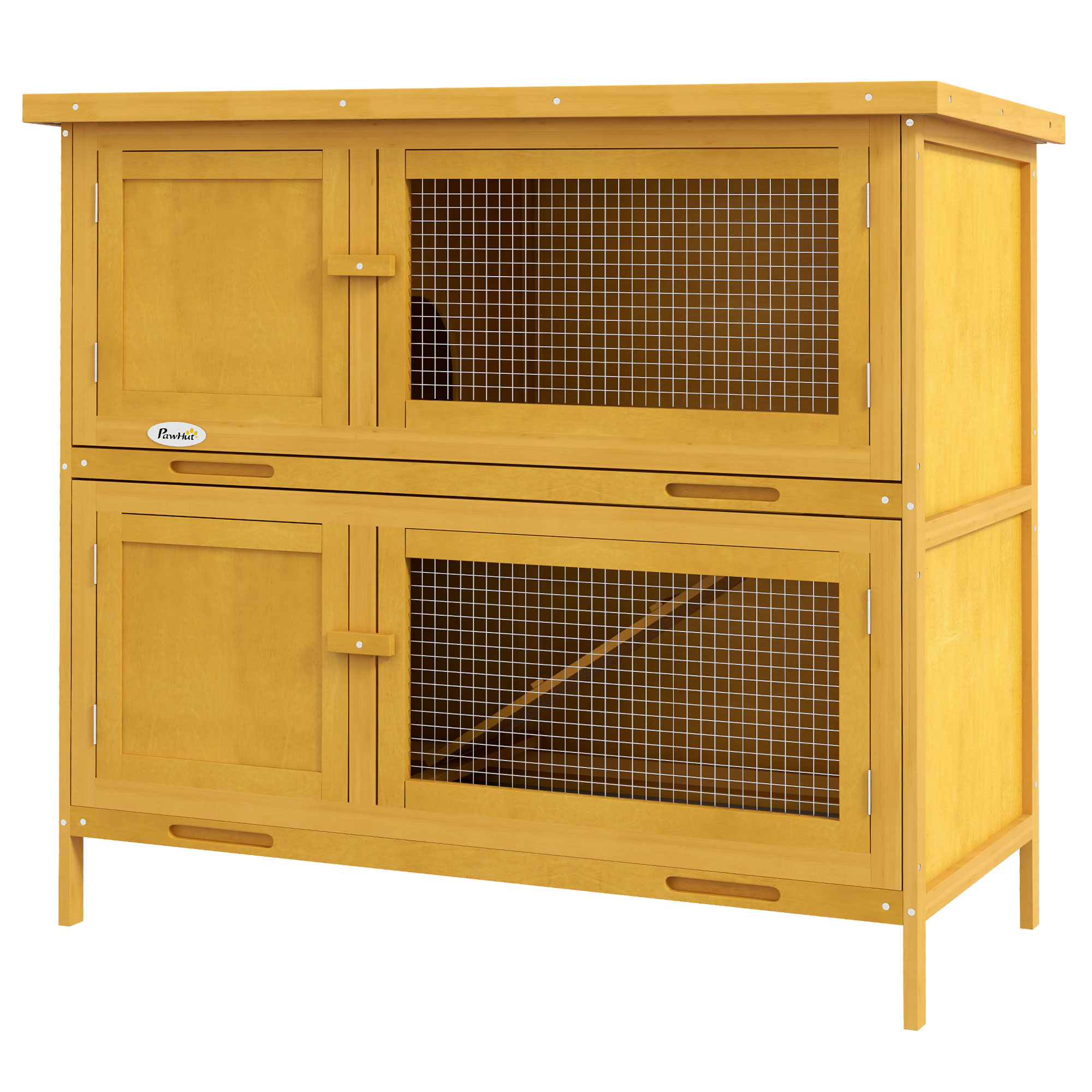 PawHut Wooden Bunny Hutch with Ramp, Indoor/Outdoor, Yellow