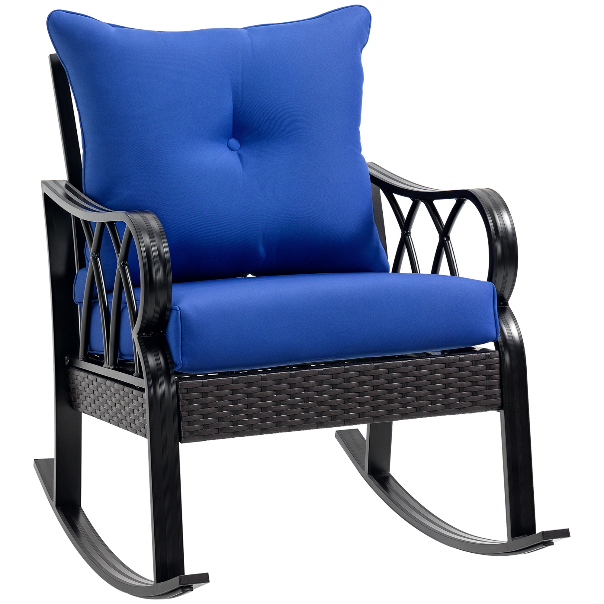 Outsunny Outdoor Wicker Rocking Chair with Padded Cushions, Aluminum Furniture Rattan Porch Rocker Chair w/ Armrest for Garden, Patio, and Backyard, B