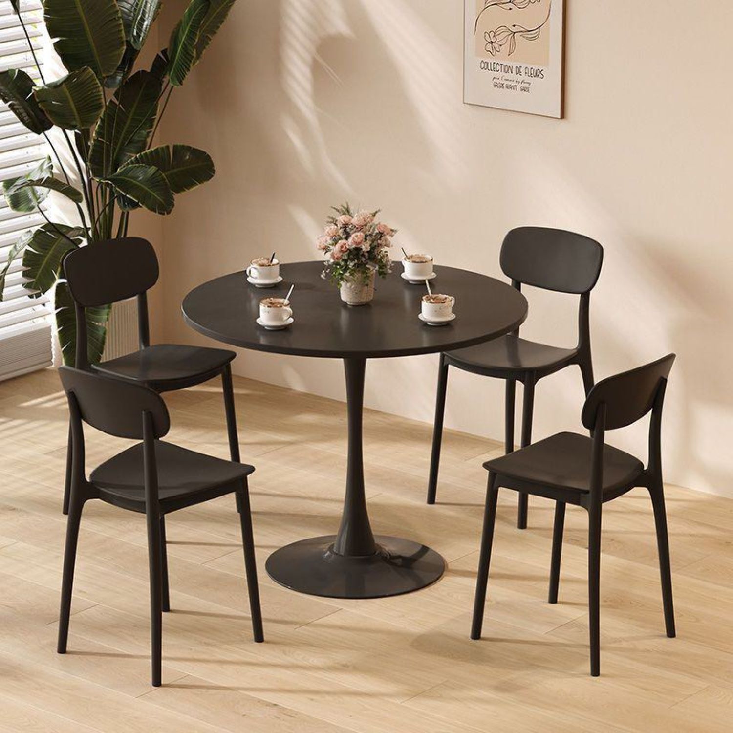 Modern Round Dining Table with MDF Top and Steel Base, Strong Construction, Easy Assembly and Cleaning, 23.5″ L x 23.5″ W x 29″ H, Black