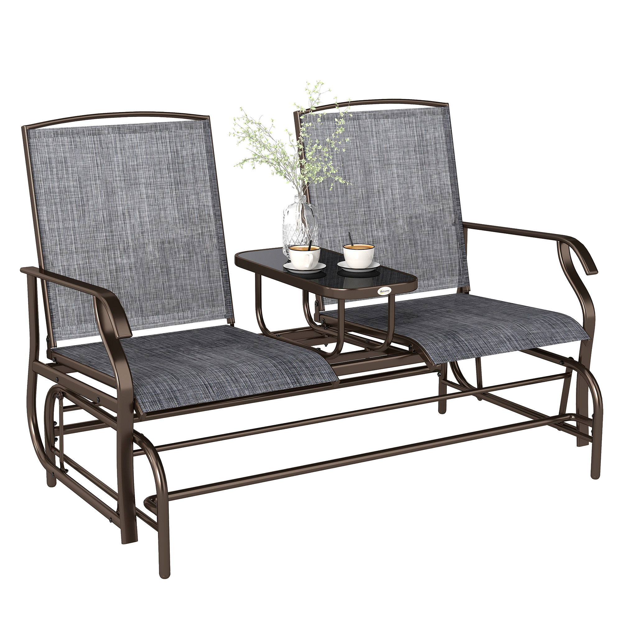 Outsunny 2-Seat Outdoor Glider Swing, Center Coffee Table and Independent Chairs, Supports Up to 352 lbs., Loveseat with Breathable Sling for Backyard