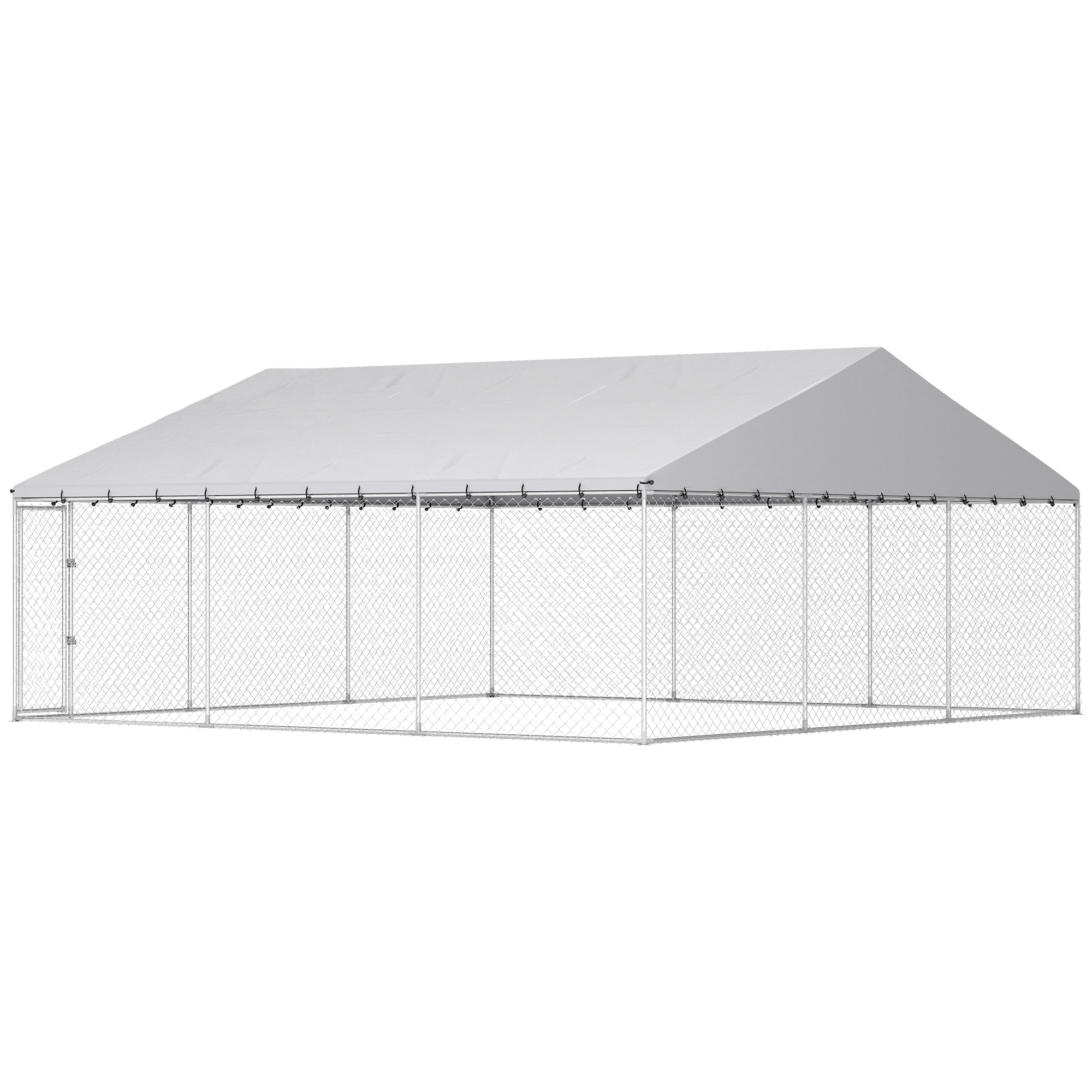 PawHut Heavy Duty Outdoor Dog Kennel with Waterproof Roof, Secure Latch, Chain Link Dog Run for Backyard, 19.7' x 19.7' x 8.9'