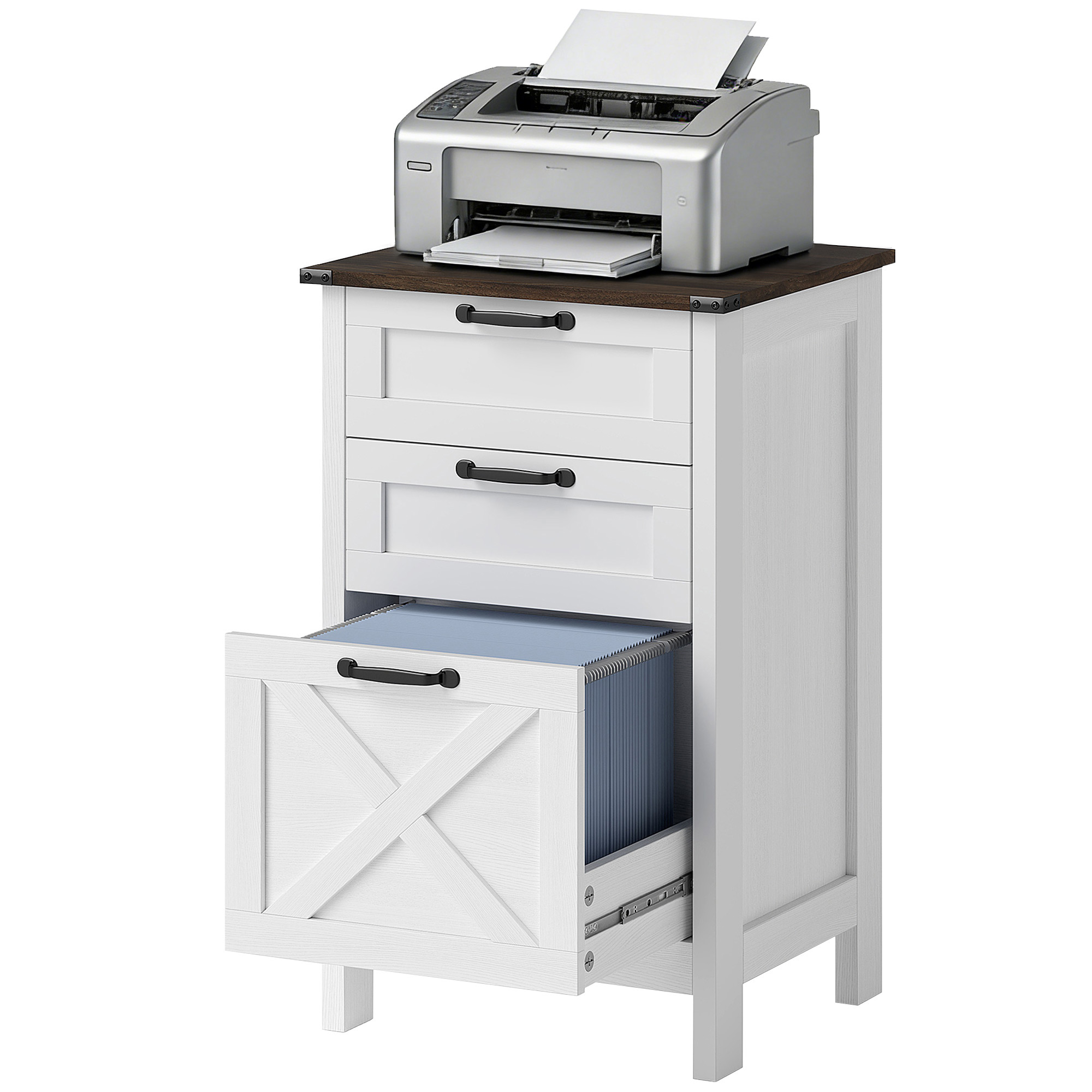 HOMCOM Vertical File Cabinet with 3 Drawers, Rustic Farmhouse Office Storage Cabinet for A4, Letter Size, Distressed White