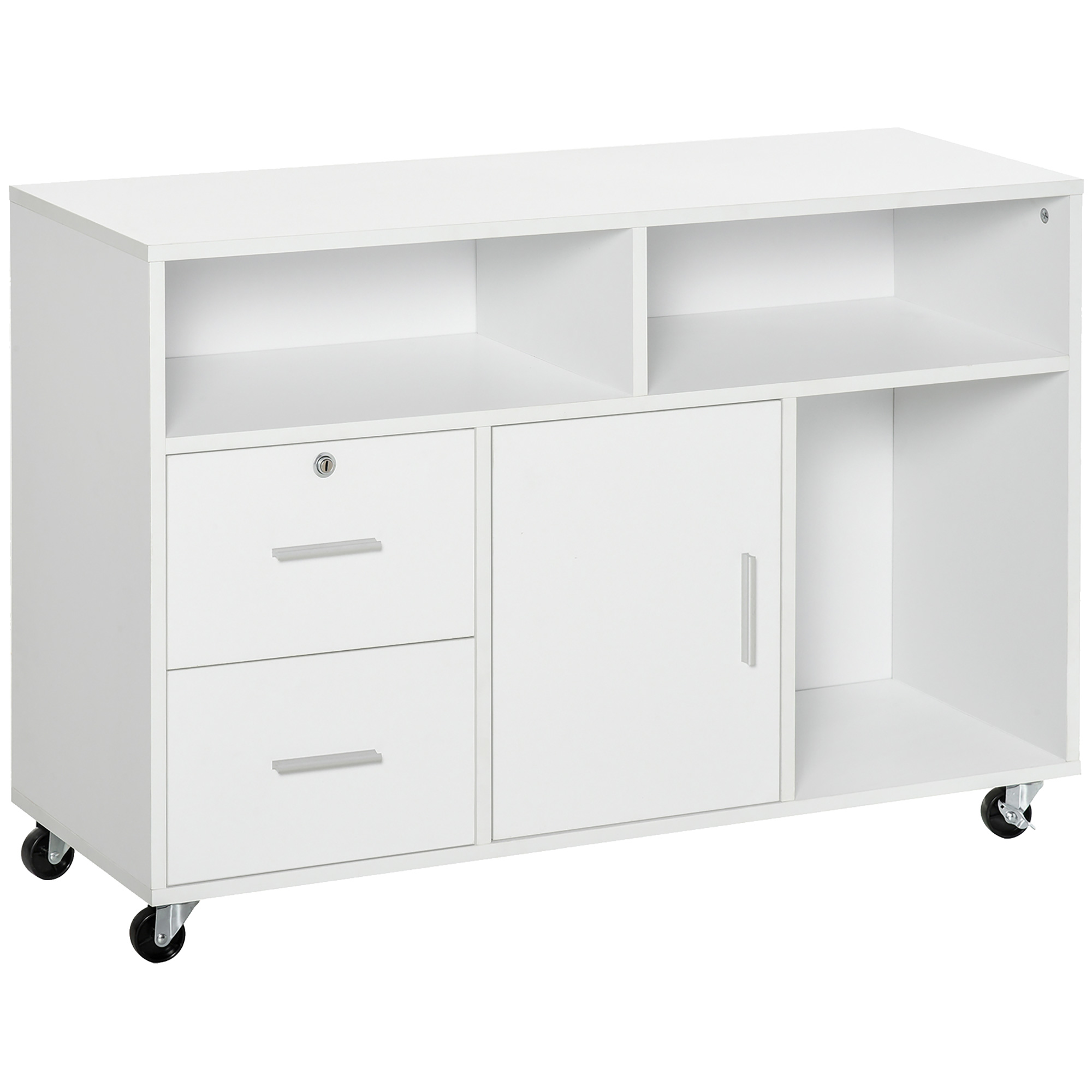 HOMCOM Printer Stand Home Office Mobile Storage Cabinet Organizer Desktop with Caster Wheels, 2 Locking Breaks and Drawer, White