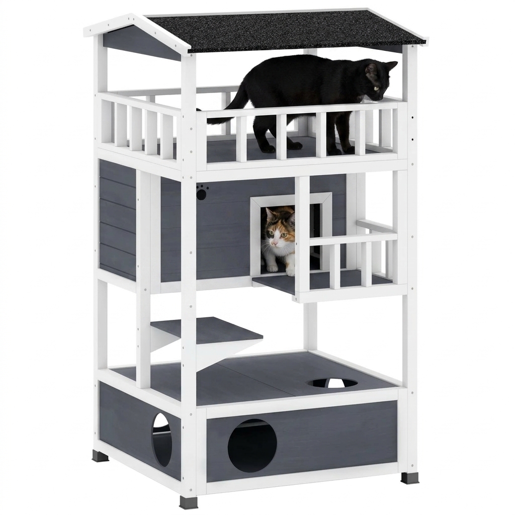 PawHut Wooden Outdoor Cat House, Feral Cat Shelter Kitten Condo with Asphalt Roof, Escape Doors, Condo, Jumping Platform, Gray