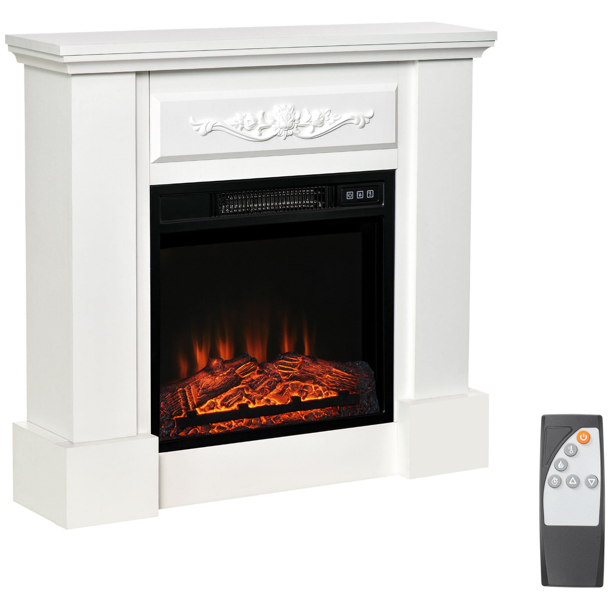 HOMCOM 32" Electric Fireplace with Mantel, Freestanding Heater with LED Log Flame, Overheat Protection and Remote Control, 1400W, White