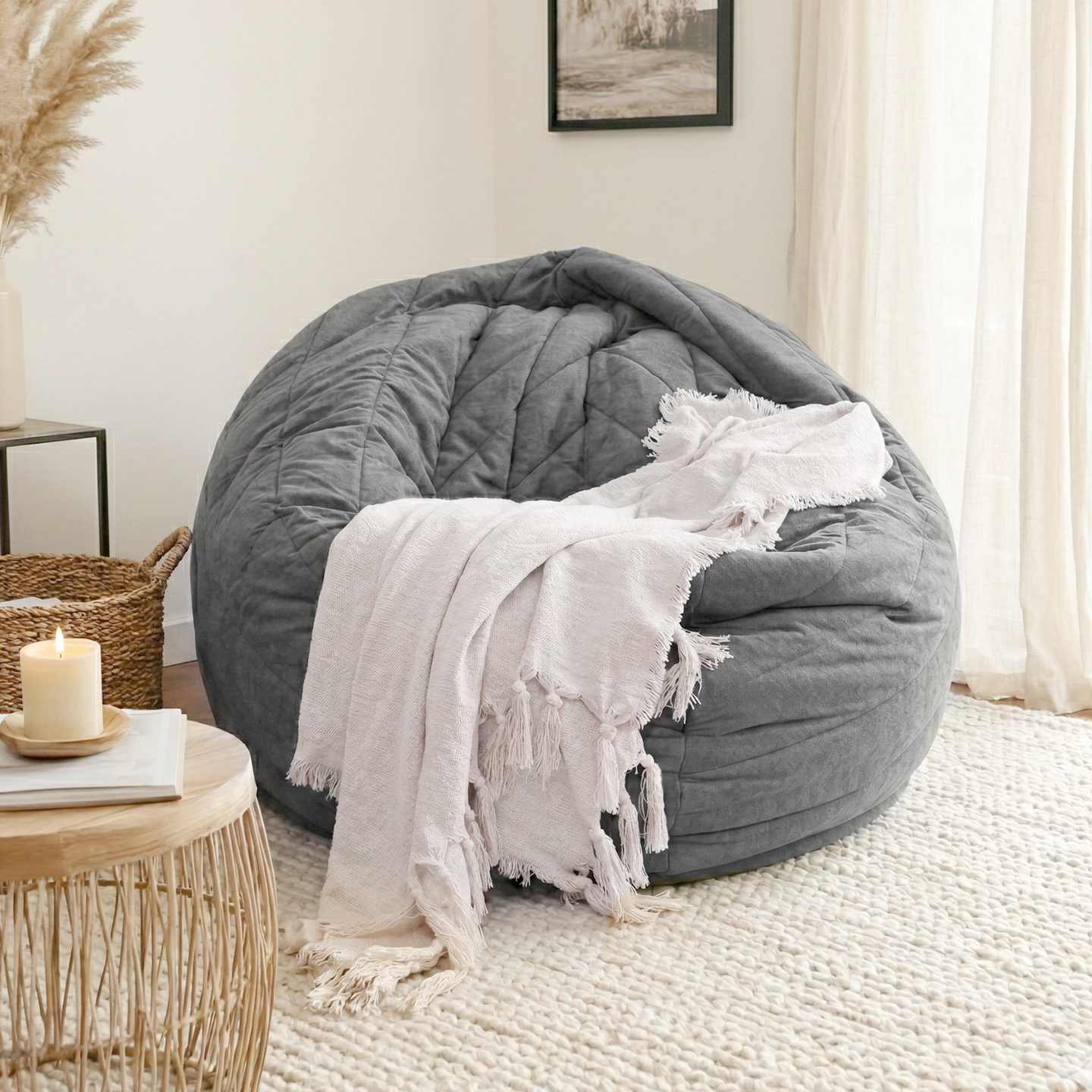 Soft Velvet Bean Bag Sofa with High-Resilience Foam, Cozy Lounge Chair for Living Rooms, 48" L x 36" W x 20" H, Antique Grey