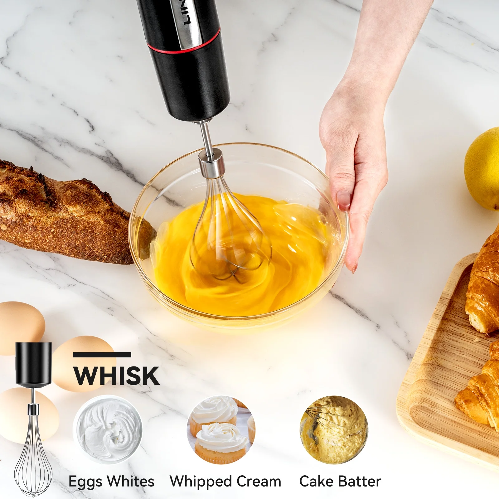 Powerful 1000W 5-in-1 Immersion Hand Blender with 20 Speeds, Multi-Purpose Stick Mixer for Home Kitchens, 2.5" L x 2.5" W x 16" H, Black