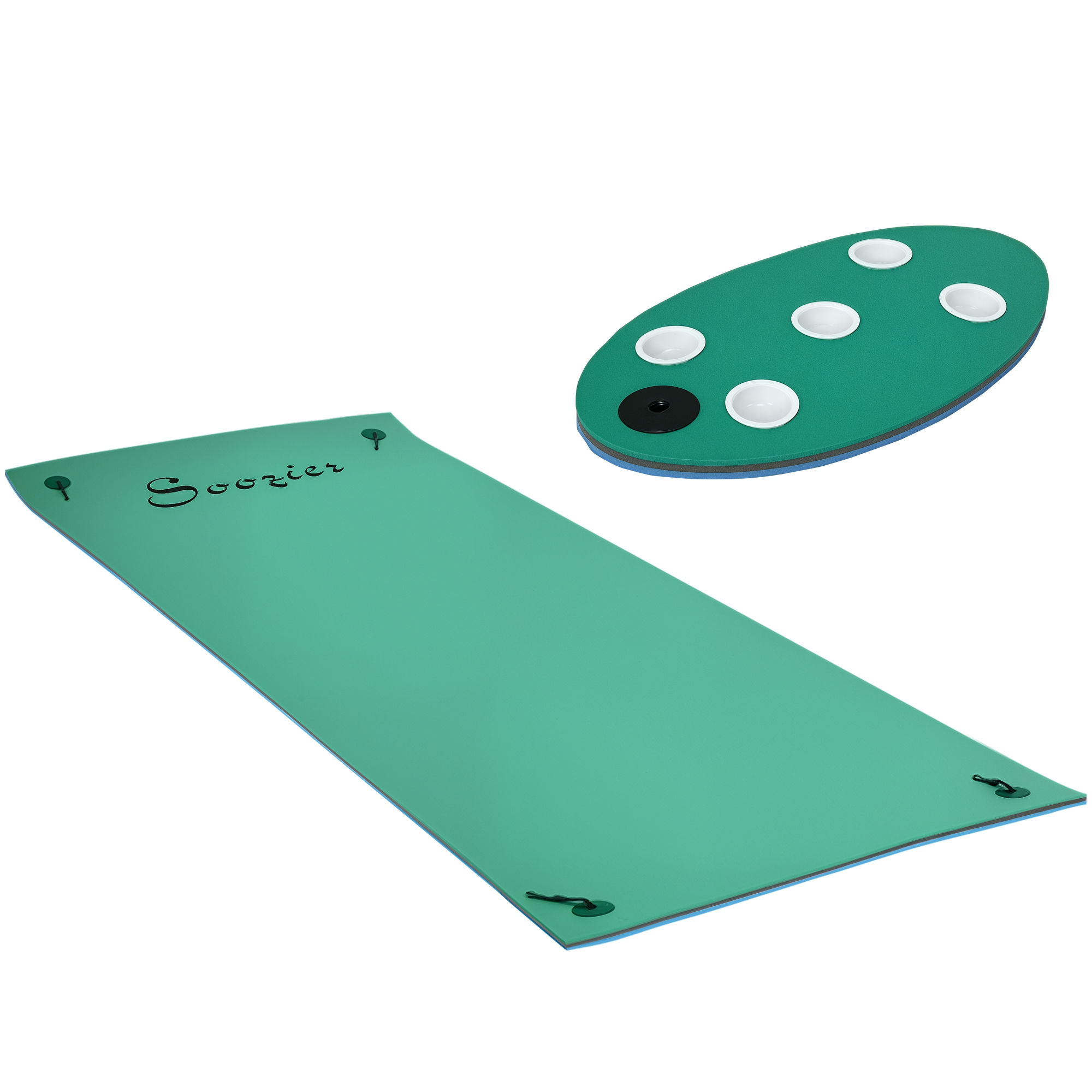 Soozier 12' x 5' Lily Pad Floating Mat with Cup Holder Table, 3-Layer Portable Roll-Up Water Mat Float Dock for 2-3 People, on Lake, River, Beach, Swi