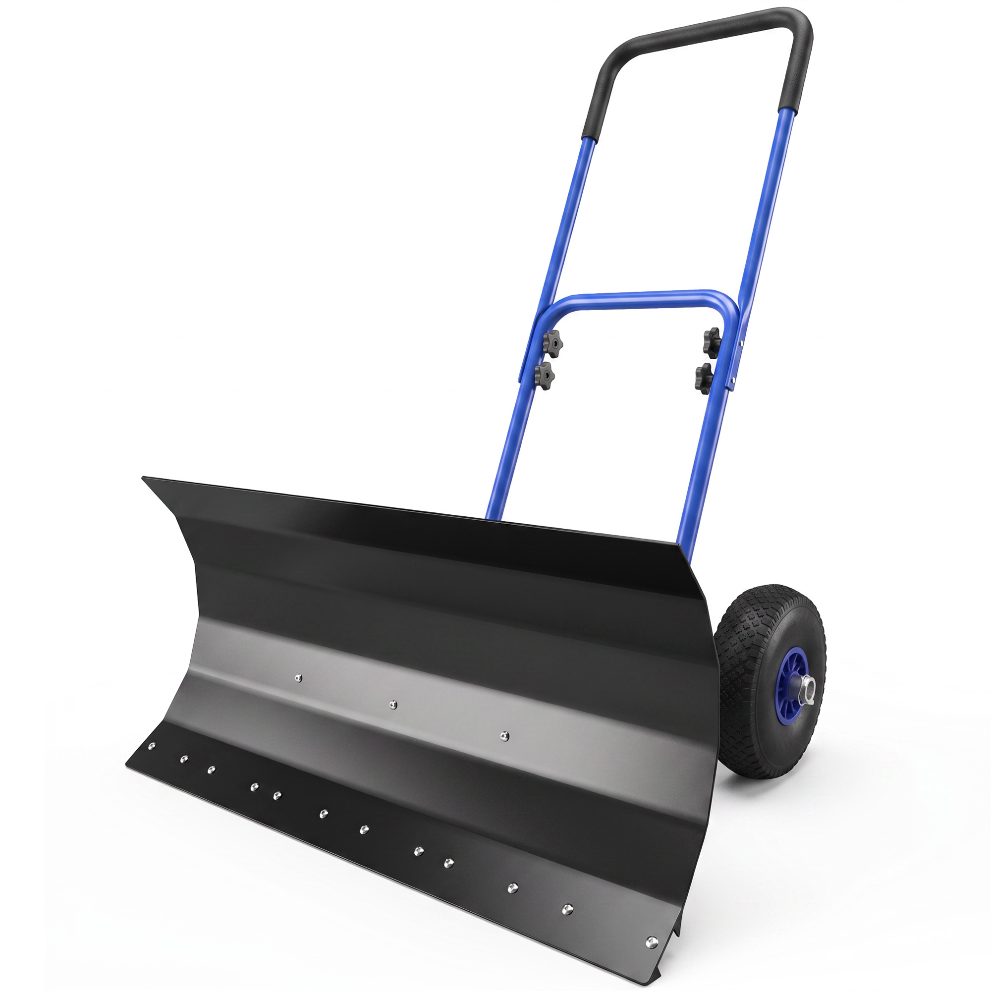 Outsunny Snow Shovel with Wheels, 29" x 16.5" Metal Snow Pusher with Adjustable Handle, 5-Angle Blade for Driveway, Blue