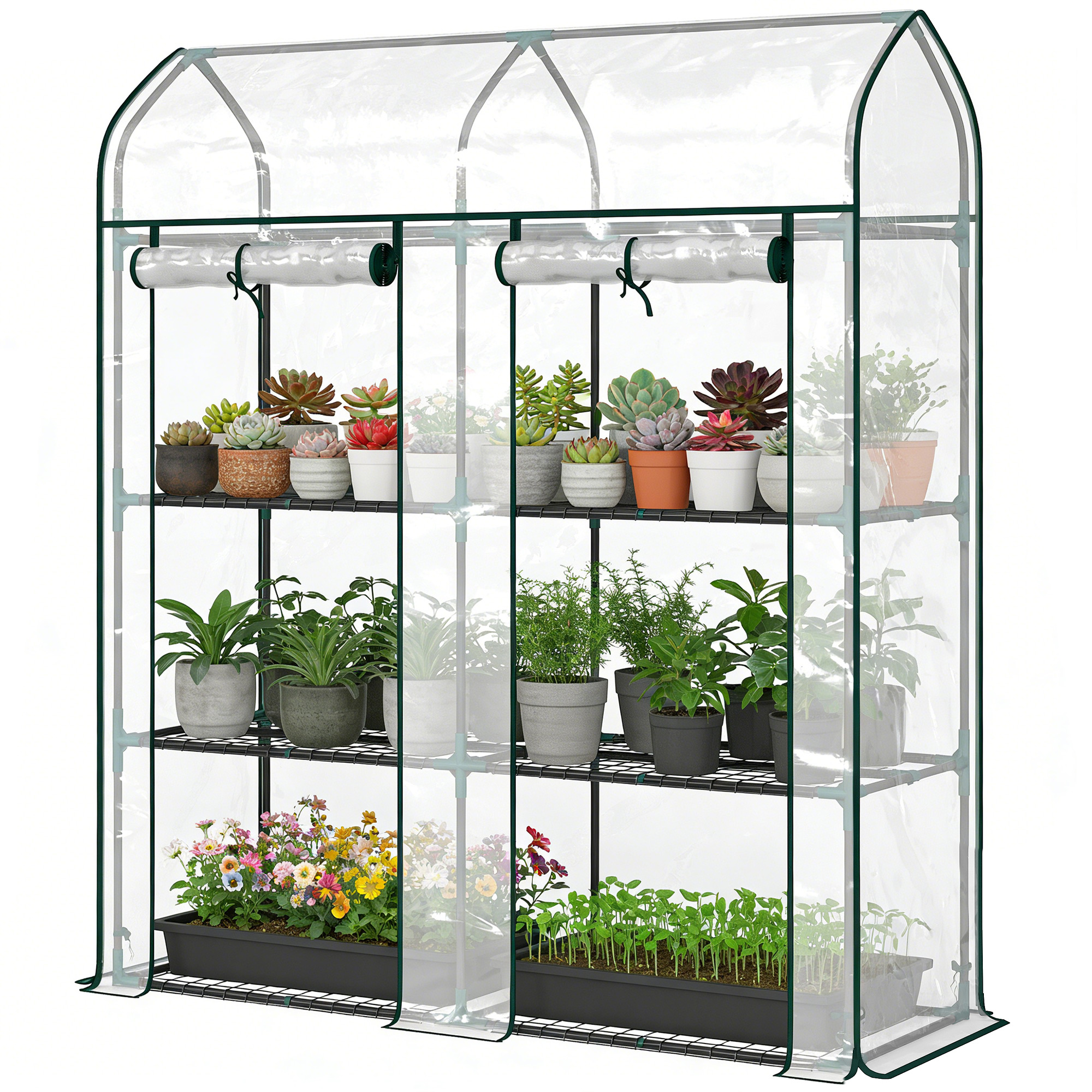 Outsunny 3 Tier Mini Greenhouse, Small Portable Greenhouse with 2 Roll-up Doors, 56.3" x 18.1" x 65", Clear