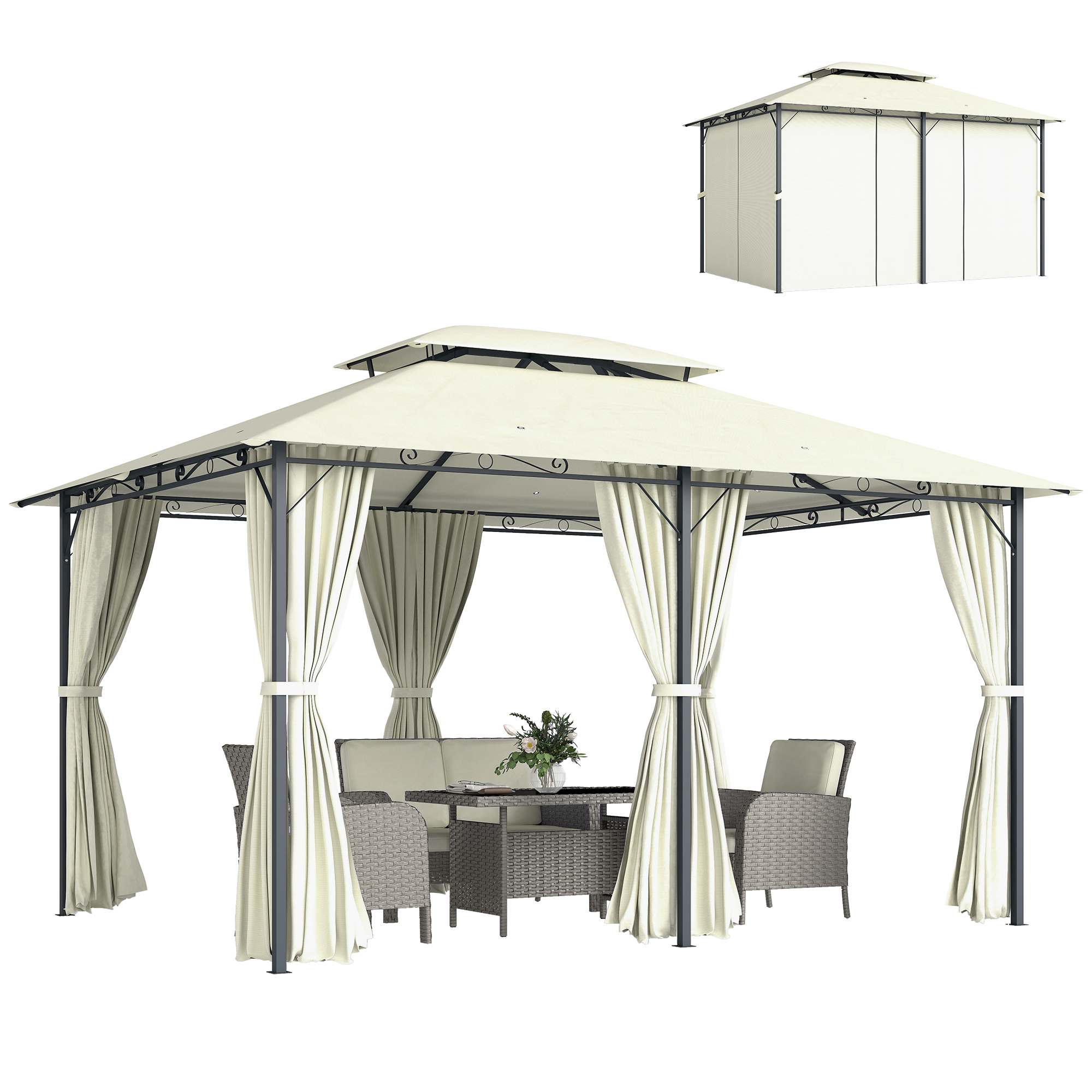 Outsunny 10' x 13' Patio Gazebo, Outdoor Gazebo Canopy Shelter with Curtains, Vented Roof, Steel Frame for Garden, Lawn, Backyard and Deck, Cream Whit