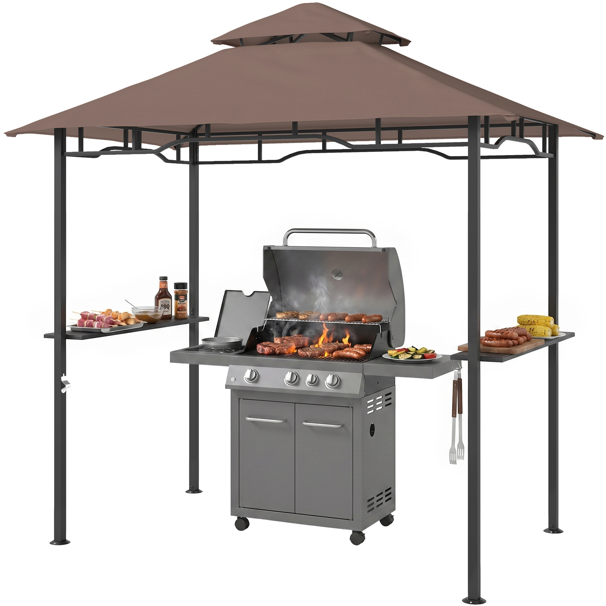 Outsunny 8' x 5' Grill Gazebo with Double Roof, Outdoor BBQ Canopy Gazebo with 2 Side Shelves for Patio Yard Garden Coffee