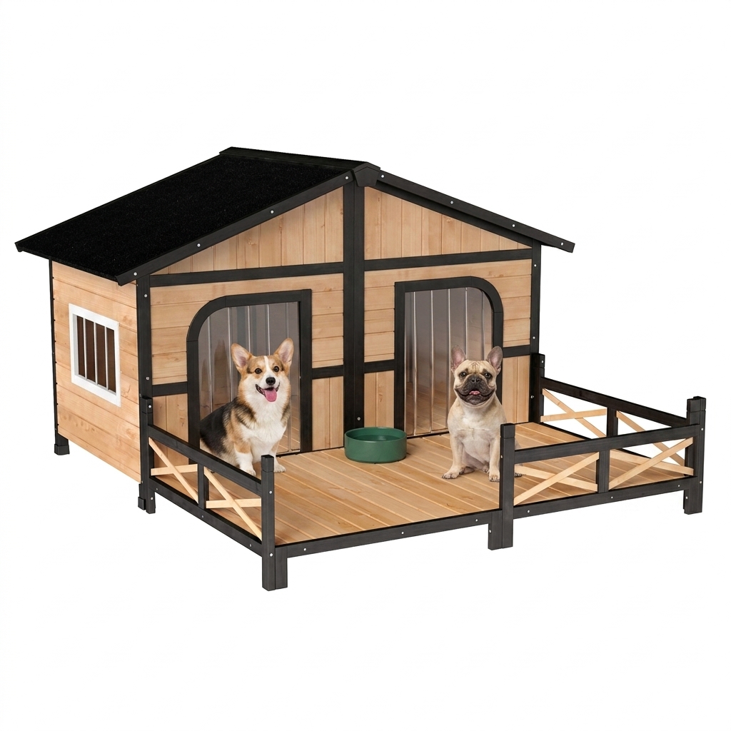 PawHut Dog House Outdoor, Wooden Dog Kennel Weatherproof with Porch, Openable Roof, Removable Bottom, Elevated Floor, Double Room for 2 Small to Mediu