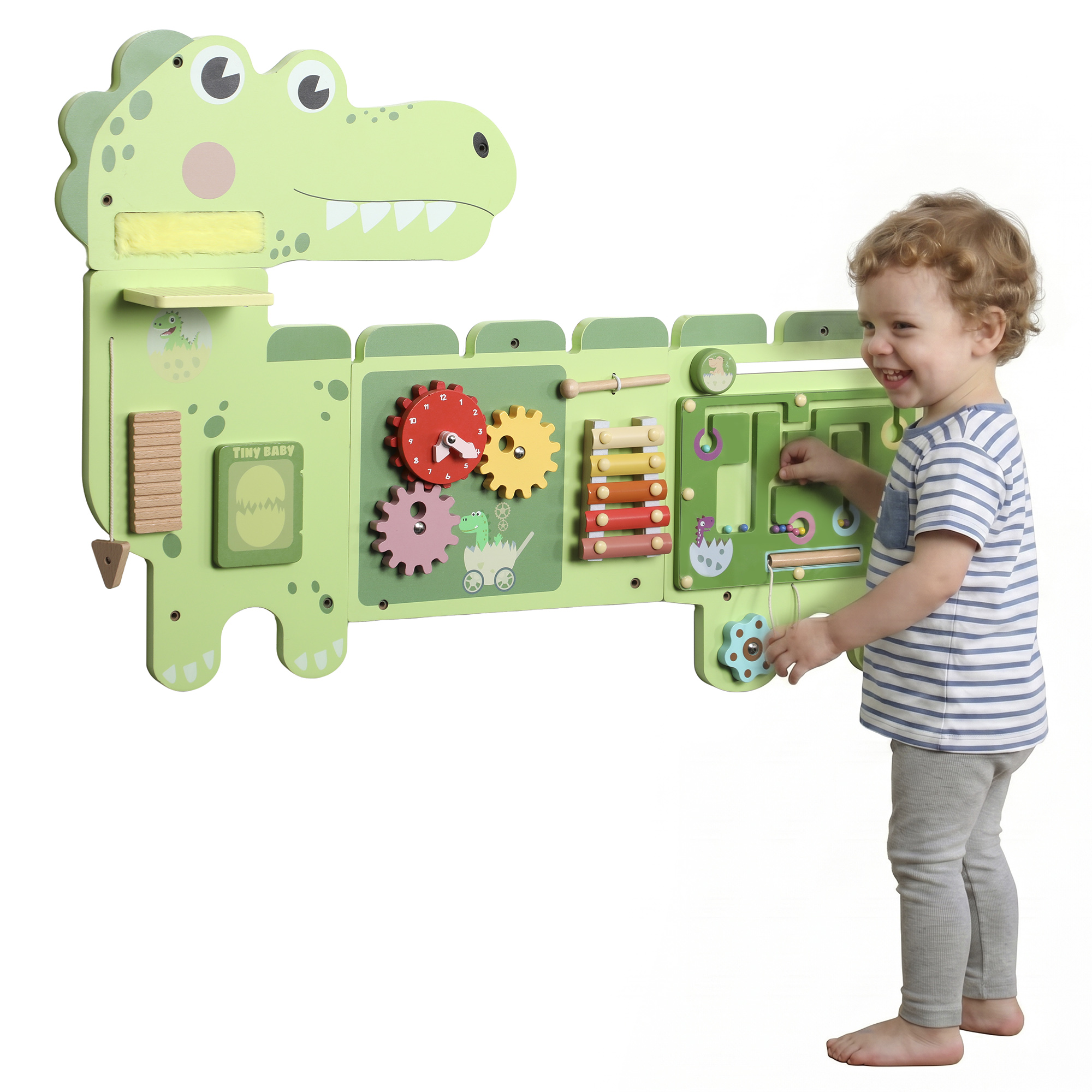 Qaba Busy Board Panels Wall-Mounted Montessori Sensory Toys Sensory Wall MDF 87 x 52 x 5.5 cm Dinosaur, Green