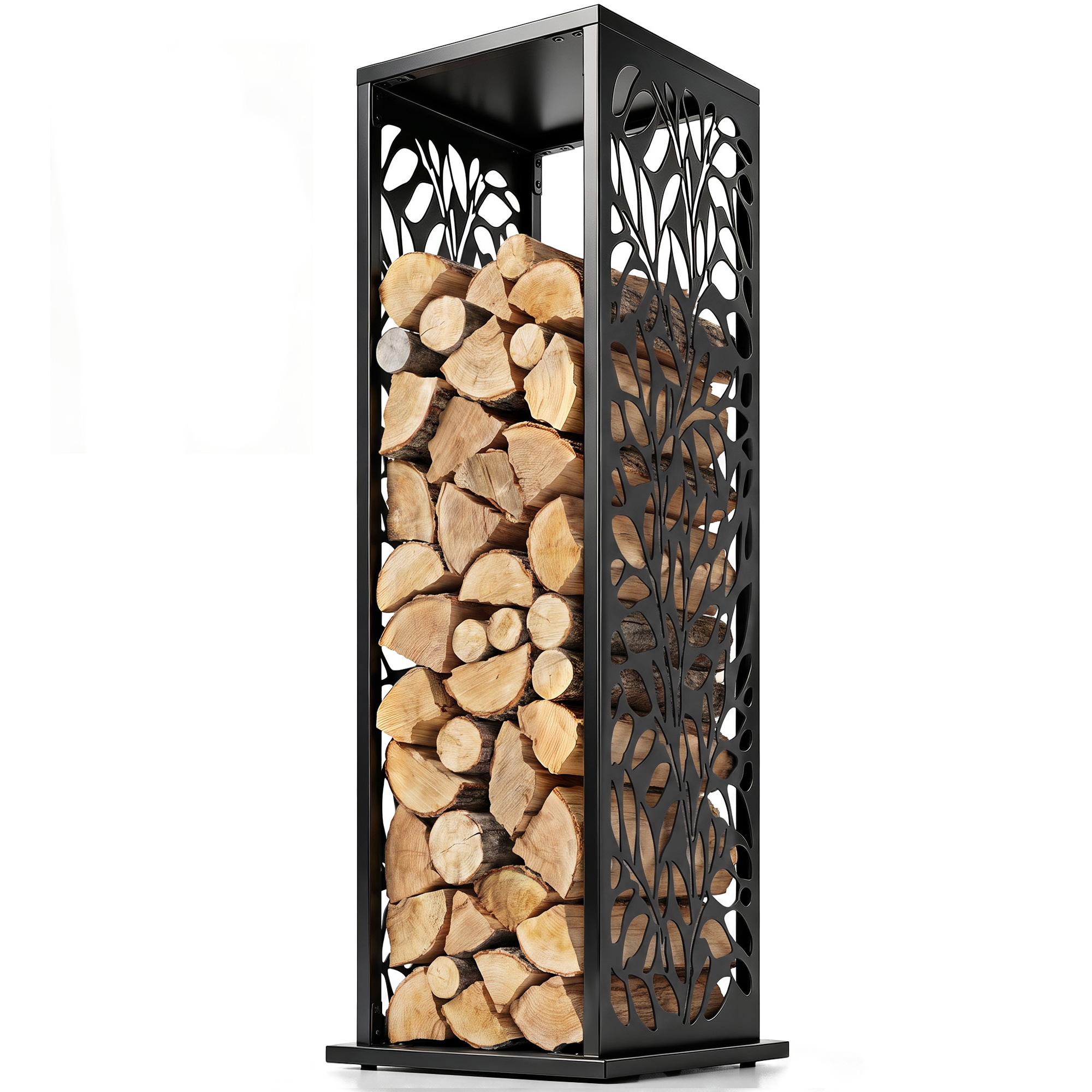 Outsunny 15 Inch Firewood Rack Outdoor Indoor, Cutout Galvanized Steel Firewood Holder with Hooks, Adjustable Pads, Black