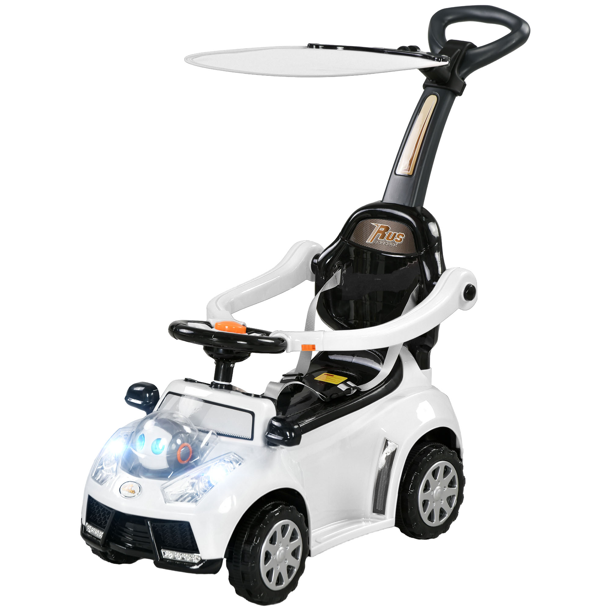 Qaba 3 in 1 Push Car Sliding Car with Removable Handle, Music, Horn, Canopy, Safety Guardrail, White