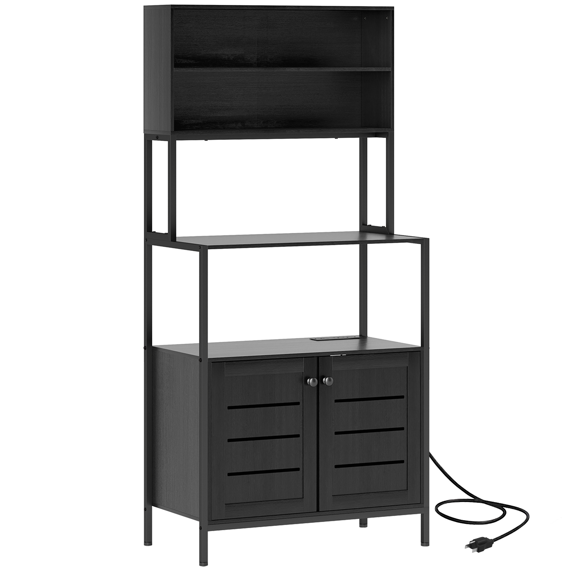 HOMCOM Baker's Rack with Power Outlet and Storage Shelves, Microwave Stand with Louvred Door Cabinets, Black