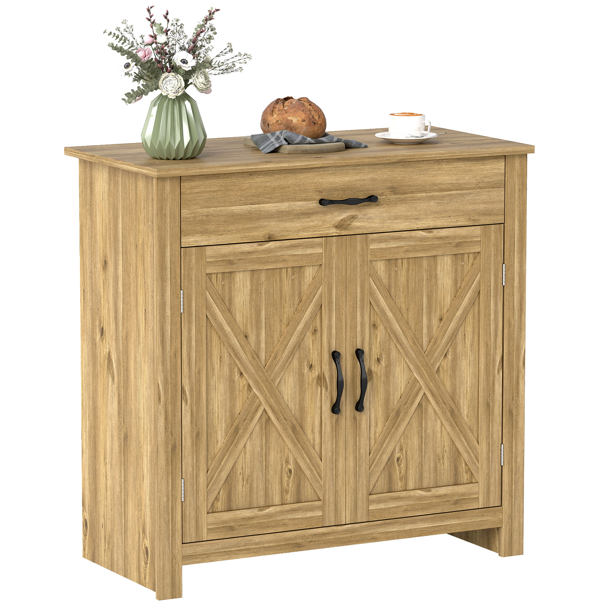 HOMCOM Farmhouse Sideboard Cabinet with Barn Doors Kitchen Buffet Cabinet with Drawer and Adjustable Shelf Stone Natural