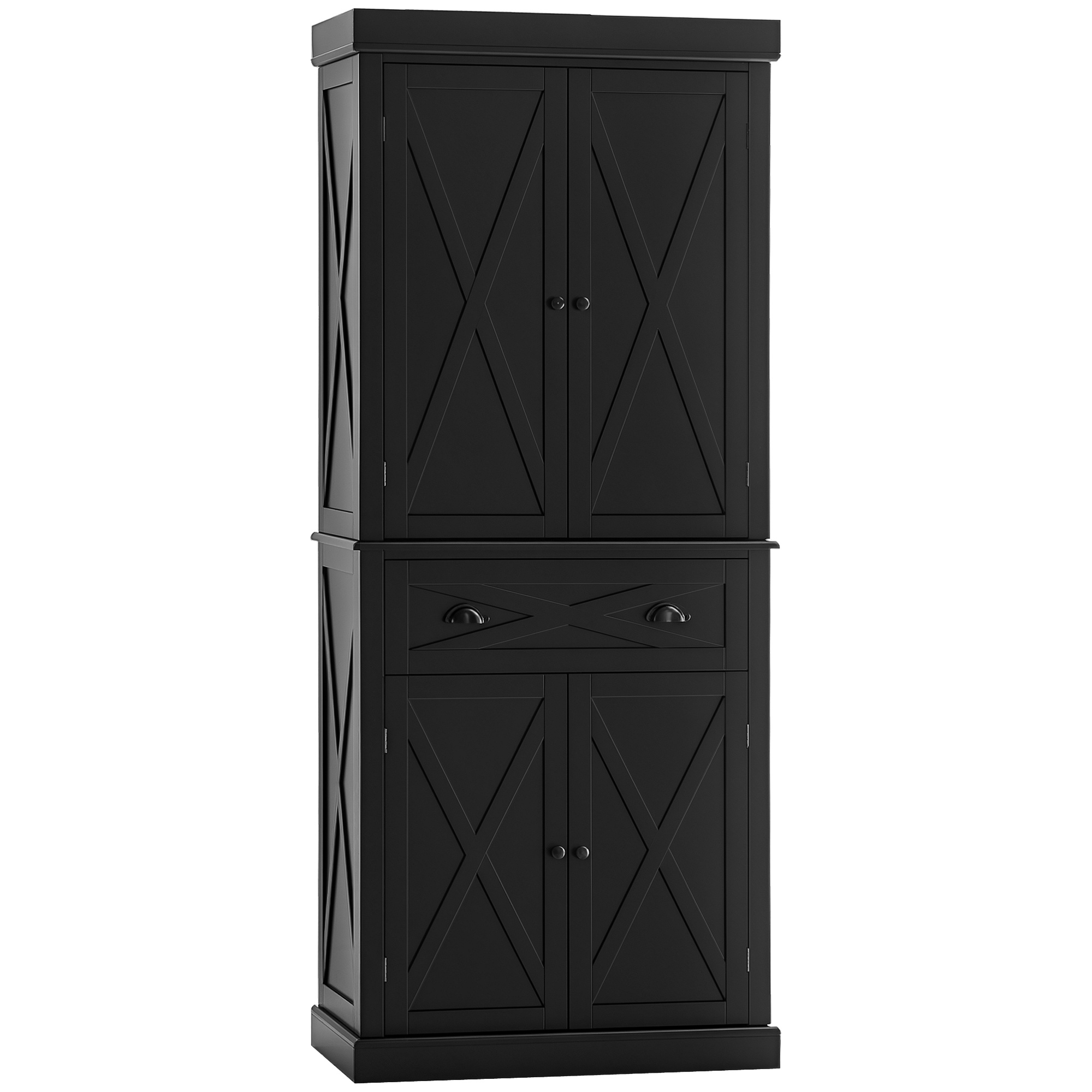 HOMCOM 72" Kitchen Pantry Storage Cabinet, Traditional Freestanding Pantry Cabinet with 4 Doors and 2 Adjustable Shelves, Black