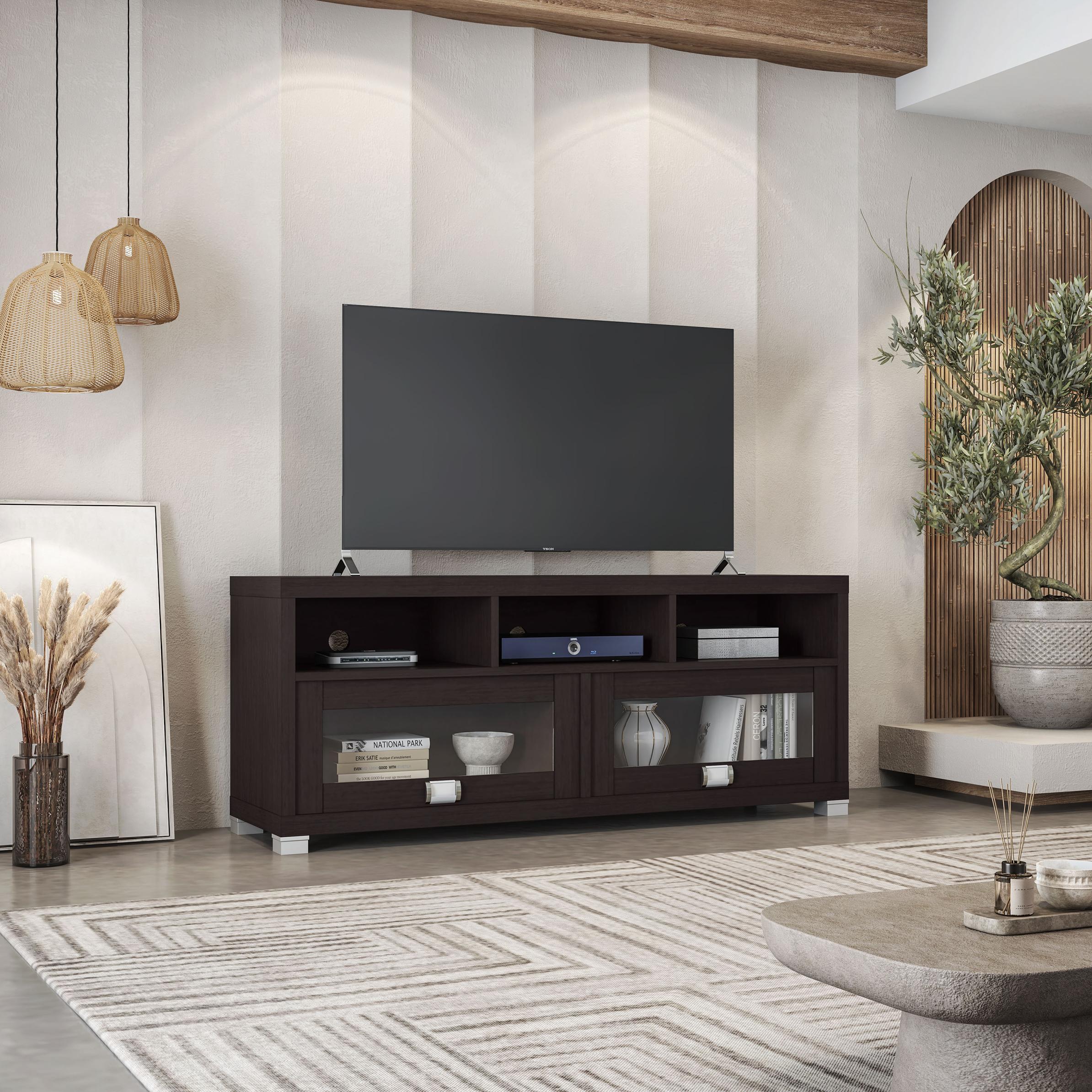 Sleek Durbin TV Stand with Glass Panel Cabinets and Cable Management, Modern Media Sideboard Cabinet for Living Room, 57" L x 15" W x 23" H, Espresso