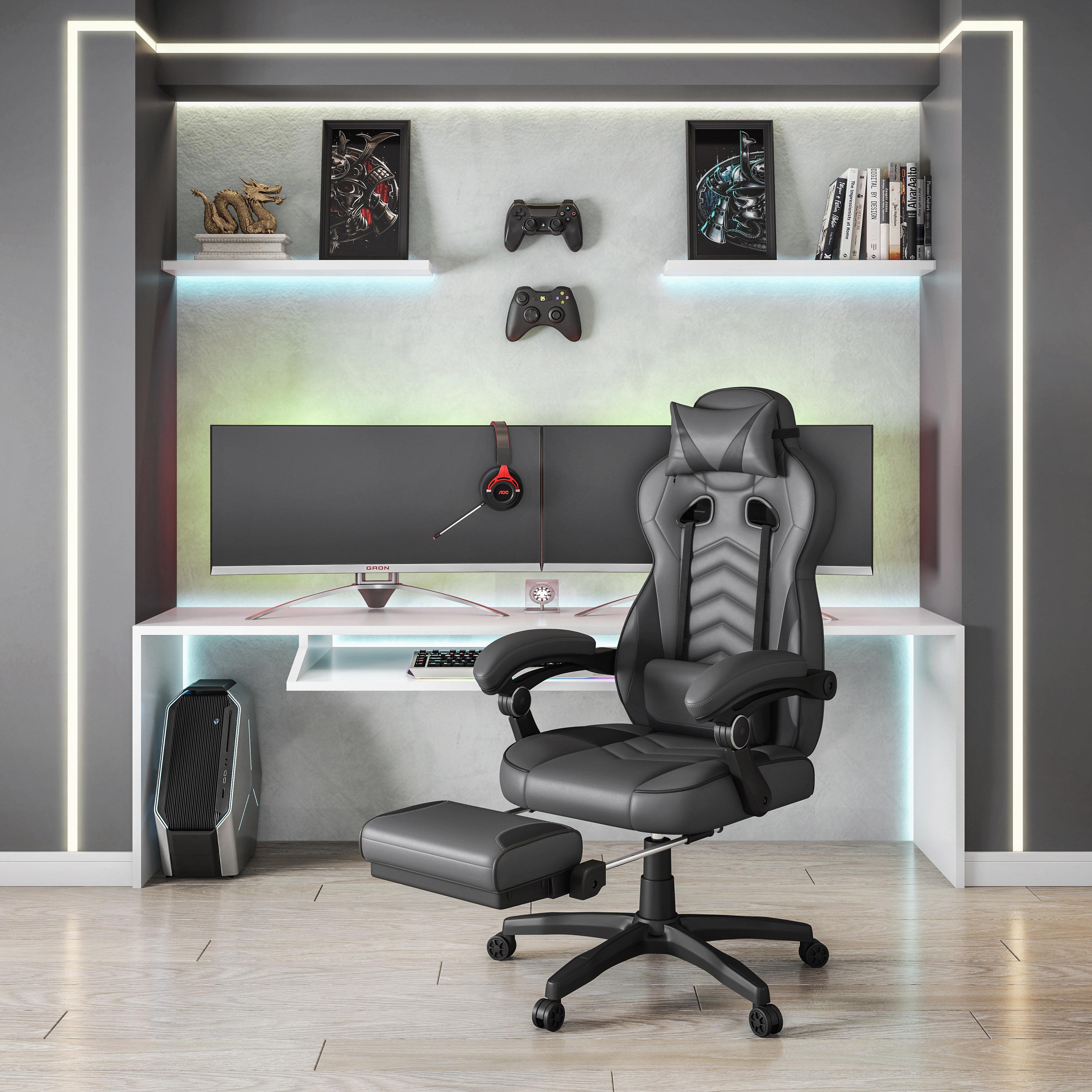 Comforting Executive Chair with Extending Footrest and Headrest Pillow, Ergonomic Office Chair for Gaming Rooms, 28″ L x 27″ W x 48.5″ H, Gray