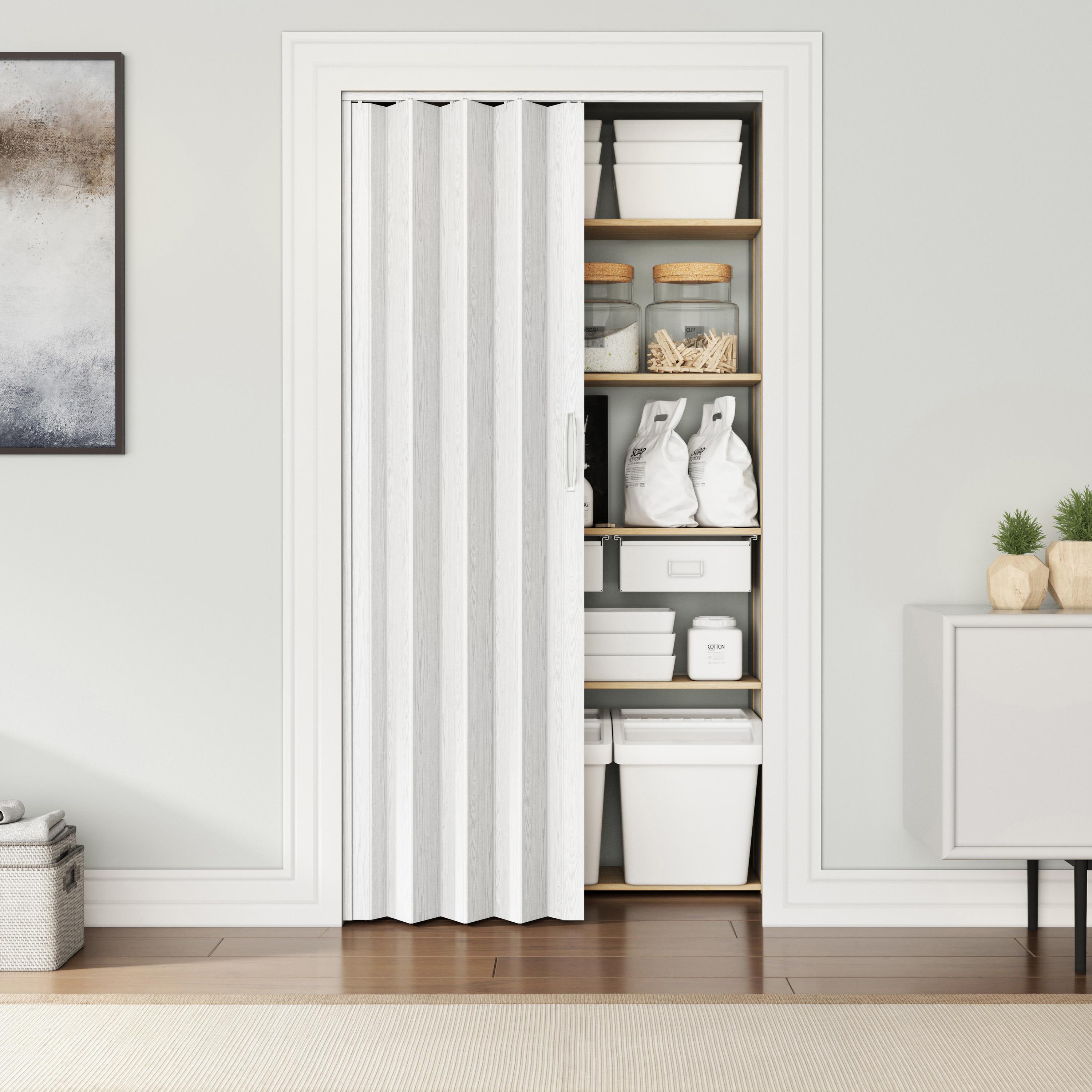 Modern Foldable Accordion Door with Magnetic Close Latch, Space-Saving Interior PVC Sliding Door for Bedroom, 36" L x 0.5" W x 80" H, White Oak
