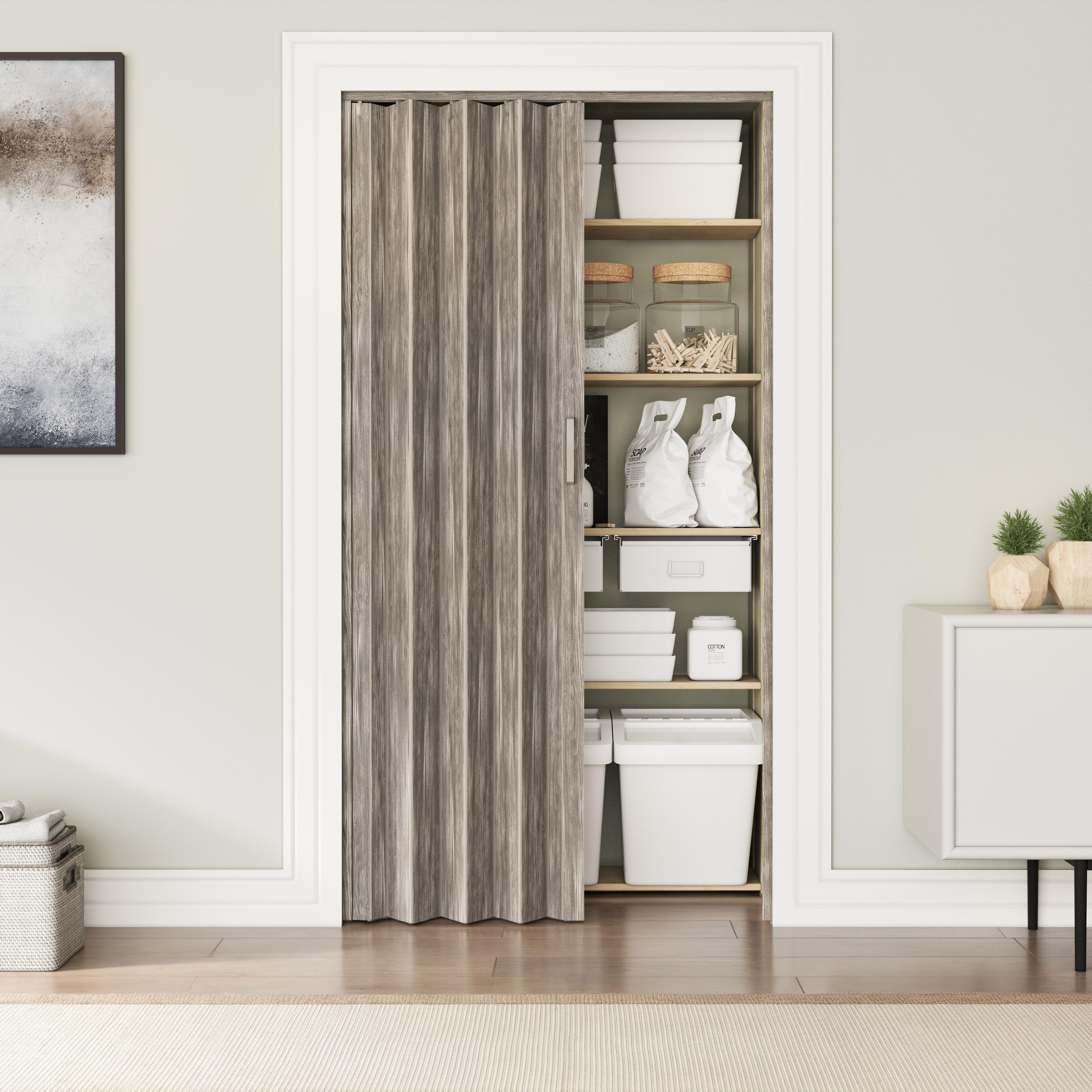 Sleek Foldable Accordion Door with Double-Walled Panels, Space-Saving Interior PVC Sliding Door for Bedroom and Closet, 36" L x 1" W x 80" H, Taupe