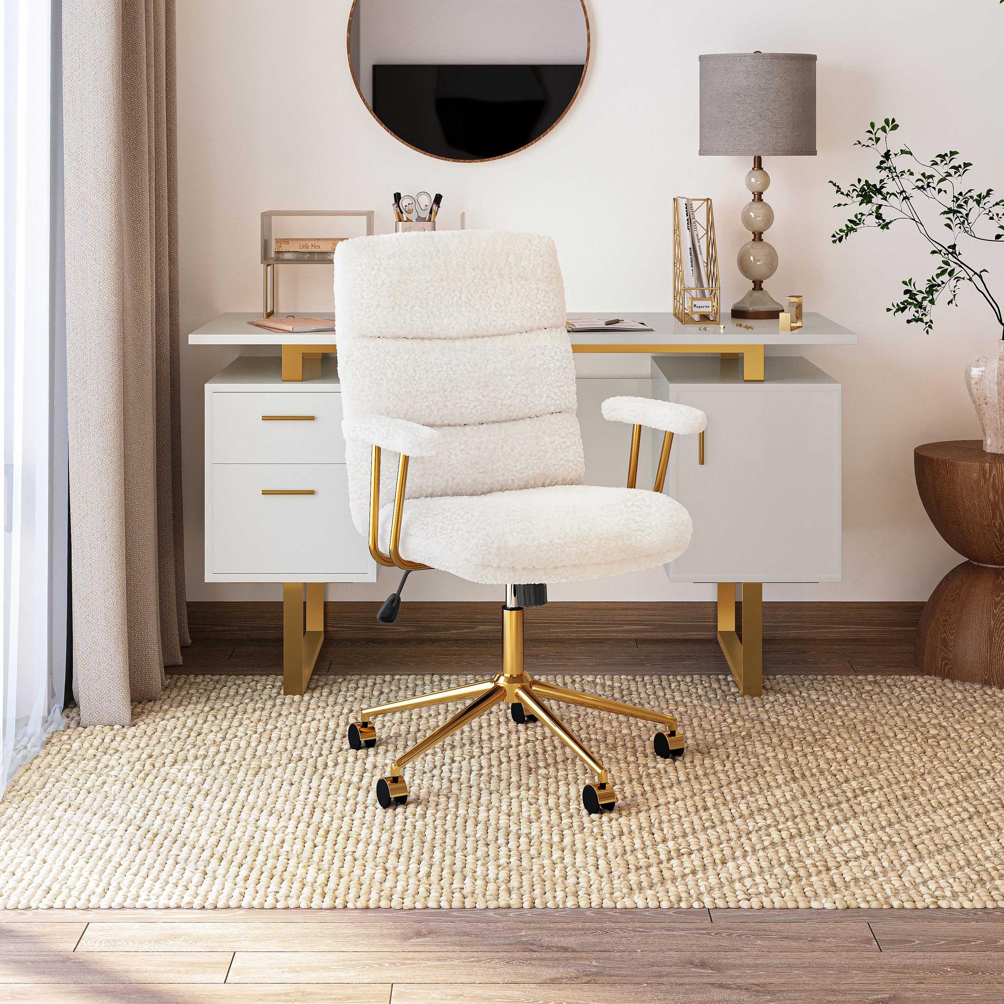 Chic Boucle Office Chair with Foam-Padded Back and Seat, Height-Adjustable Desk Chair for Studies Offices, 26" L x 26.5" W x 42.5" H, White