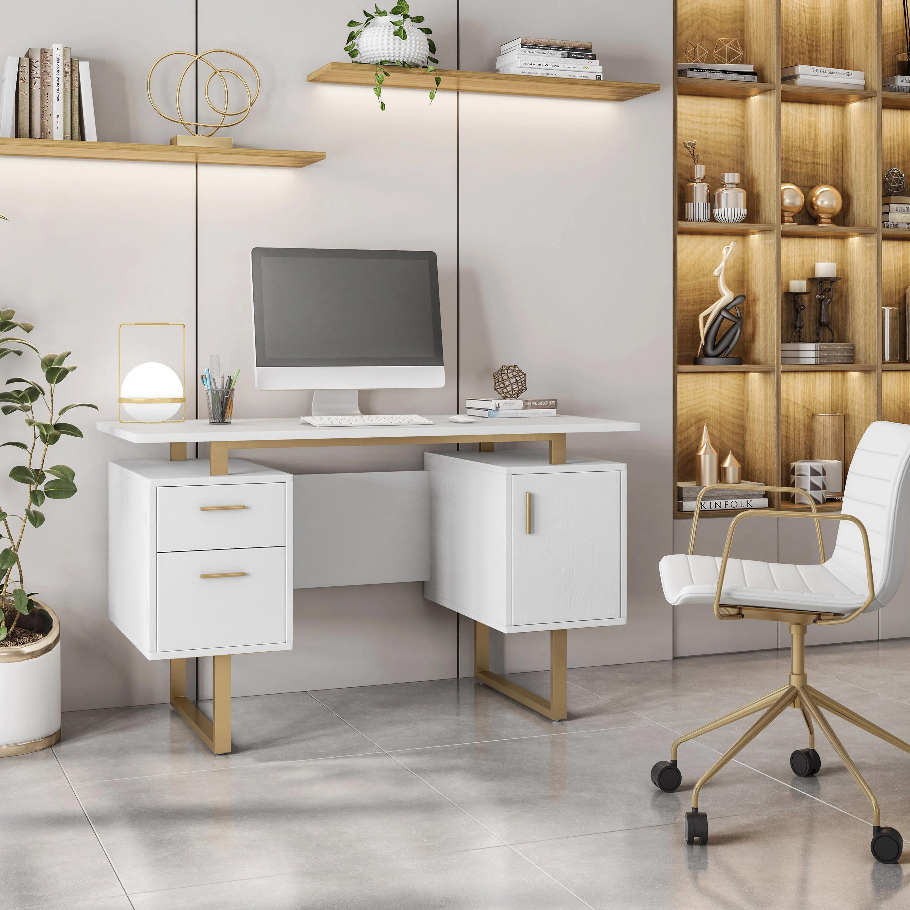 Modern White Desk with 2 Storage Drawers and Cabinet, Sleek Floating Desktop Computer Writing Table for Home Office, 51" L x 23.5" W x 30" H, White