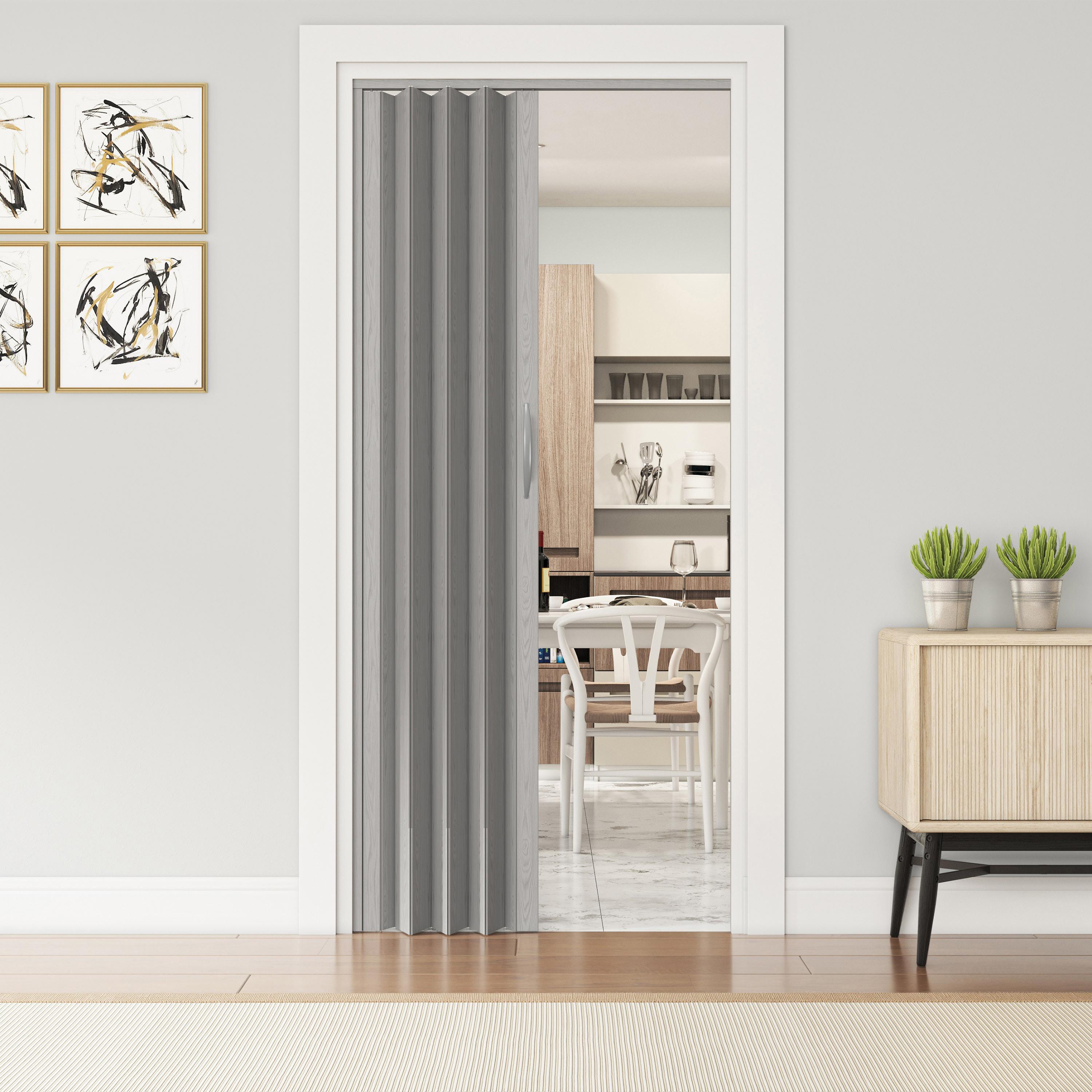 Modern Foldable Accordion Door with Double-Walled Panels, Space-Saving Interior PVC Sliding Door for Bedroom and Closet, 48" L x 1" W x 80" H, Grey