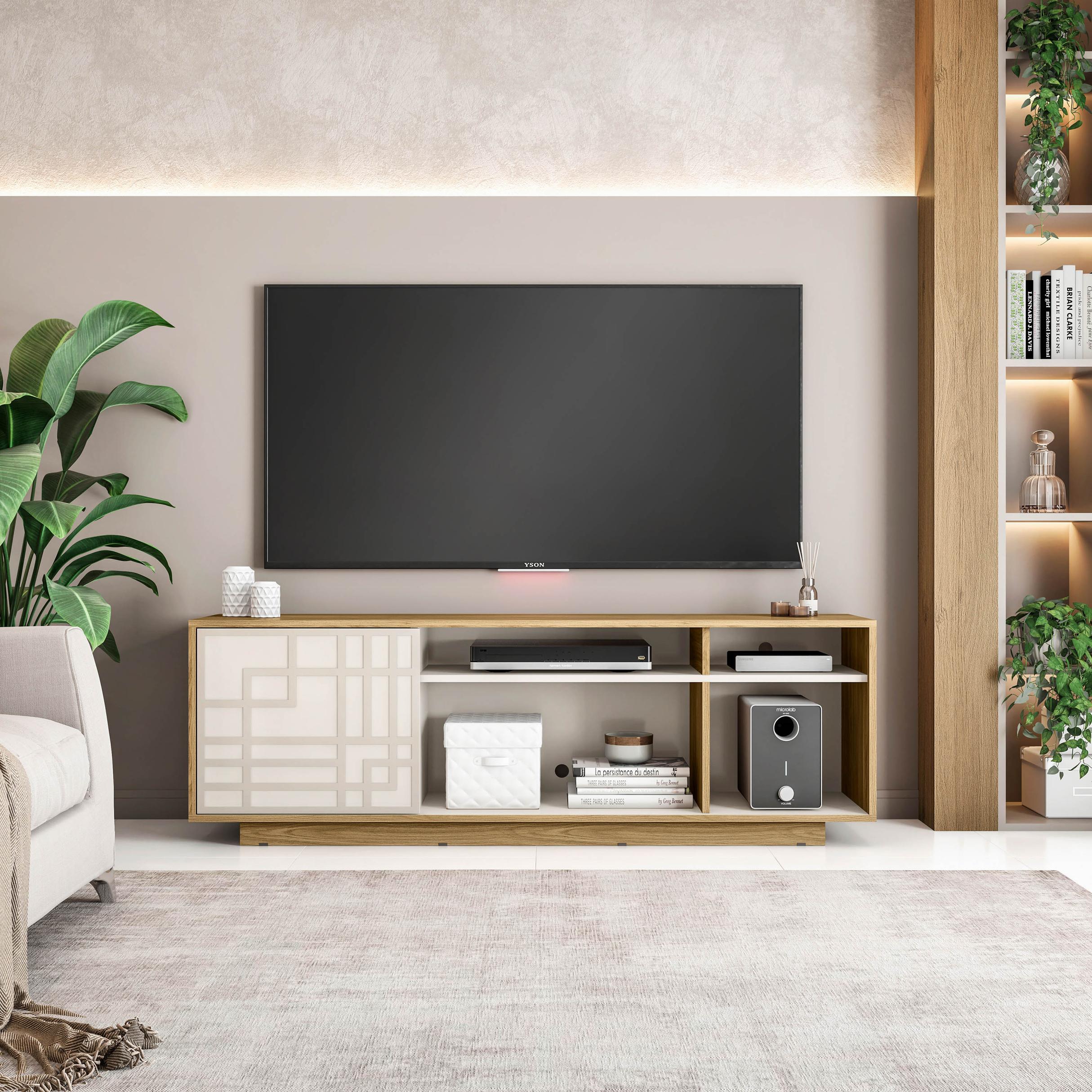 Contemporary Floating TV Stand with Patterned Cabinet Door, Modern Media Entertainment Console for Living Room, 63" L x 14" W x 21" H, Oak Natural Woo