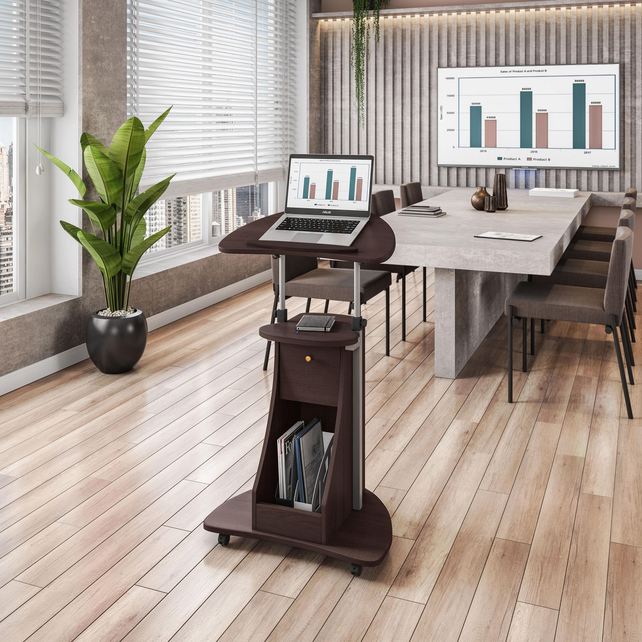Ergonomic Sit-to-Stand Laptop Cart with Tilting Panel, Storage-Equipped Laptop Stand for Offices, 21.5″ L x 15.5″ W x 31.5″ H, Chocolate