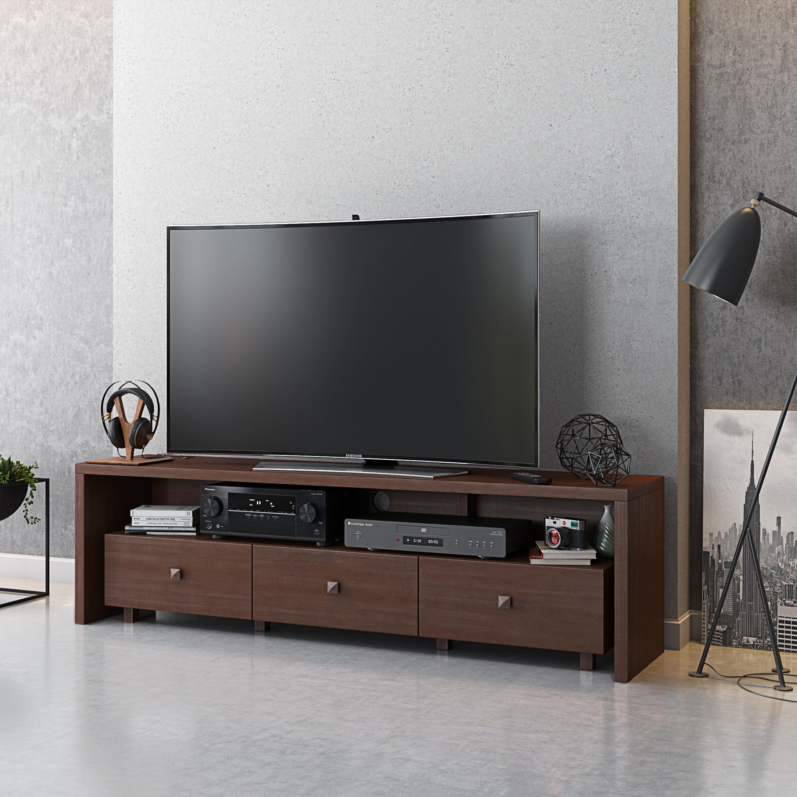 Elegant Hickory TV Stand with 3 Drawers and Cable Management, Modern Media Entertainment Console for Living Room, 70.5" L x 15" W x 20" H, Brown