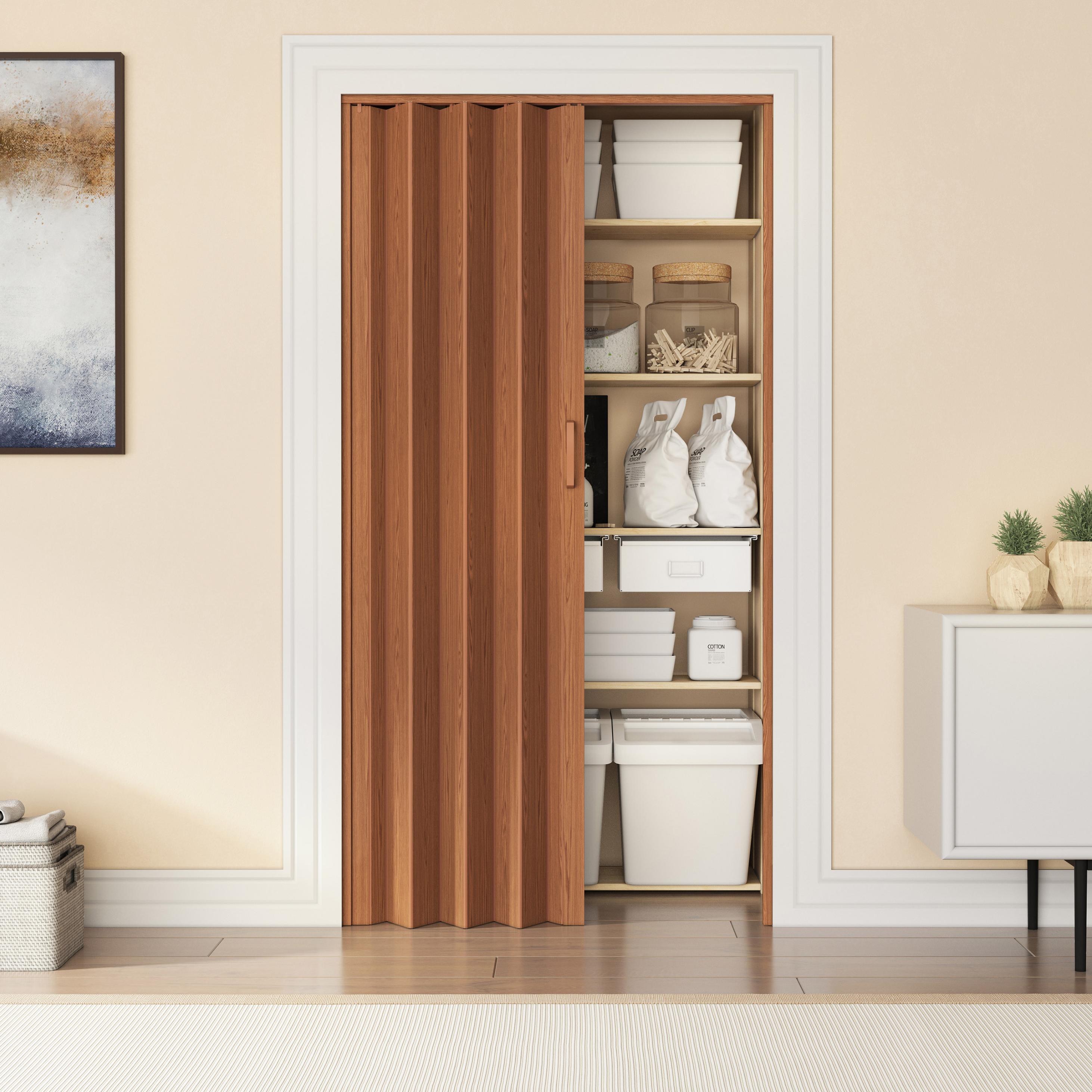 Modern Foldable Accordion Door with Magnetic Close Latch, Space-Saving Interior PVC Sliding Door for Bedroom and Closet, 36" L x 0.5" W x 80" H, Walnu