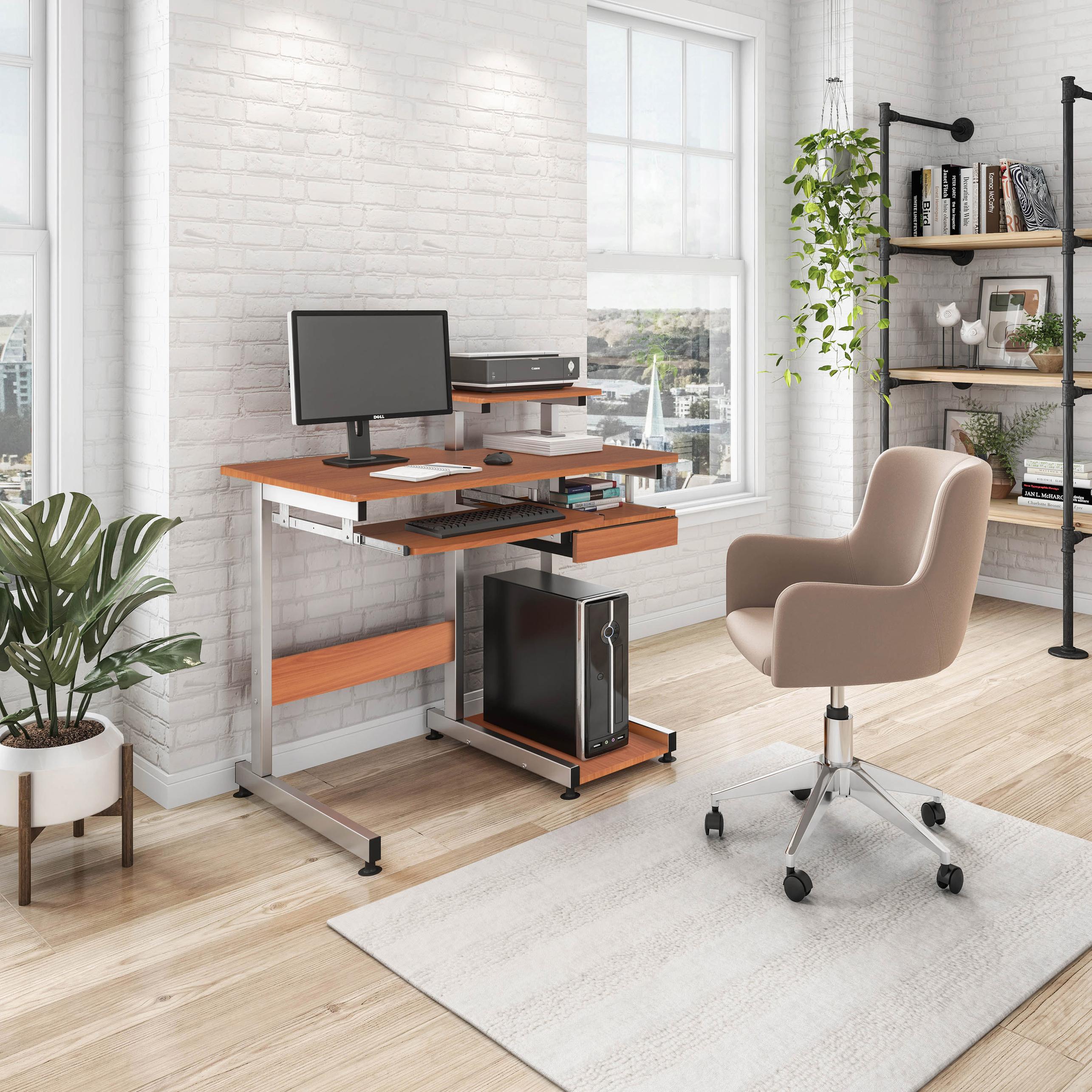 Practical Computer Desk with Slide-Out Keyboard Tray and Elevated Shelf, Ideal Workstation Table for Offices, Bedrooms, 38″ L x 22″ W x 35″ H, Brown