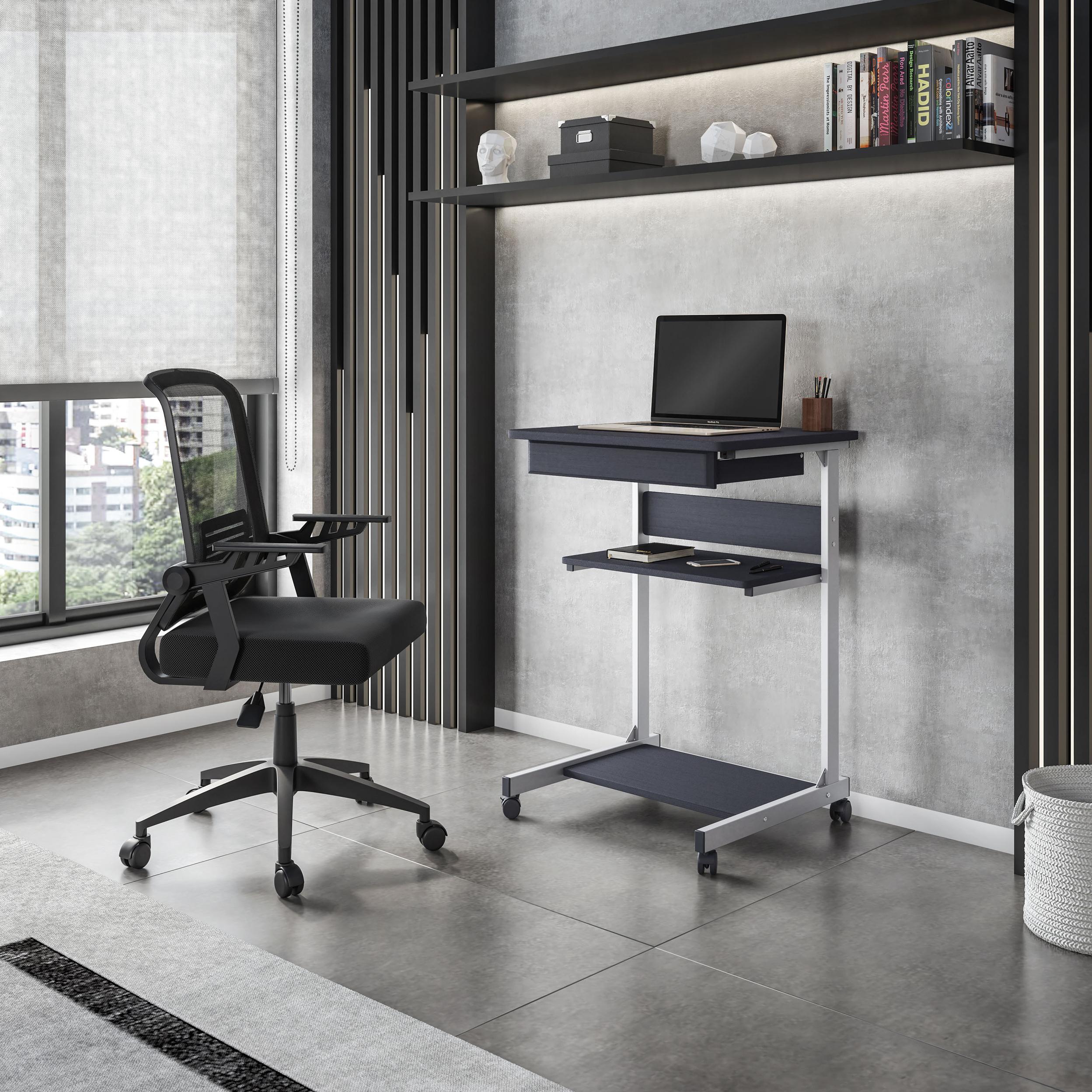 Heavy-Duty Laptop Cart with Single Drawer and Open Shelf, Compact Rolling Laptop Desk for Dorms or Homes, 21.5" L x 20.5" W x 30" H, Black