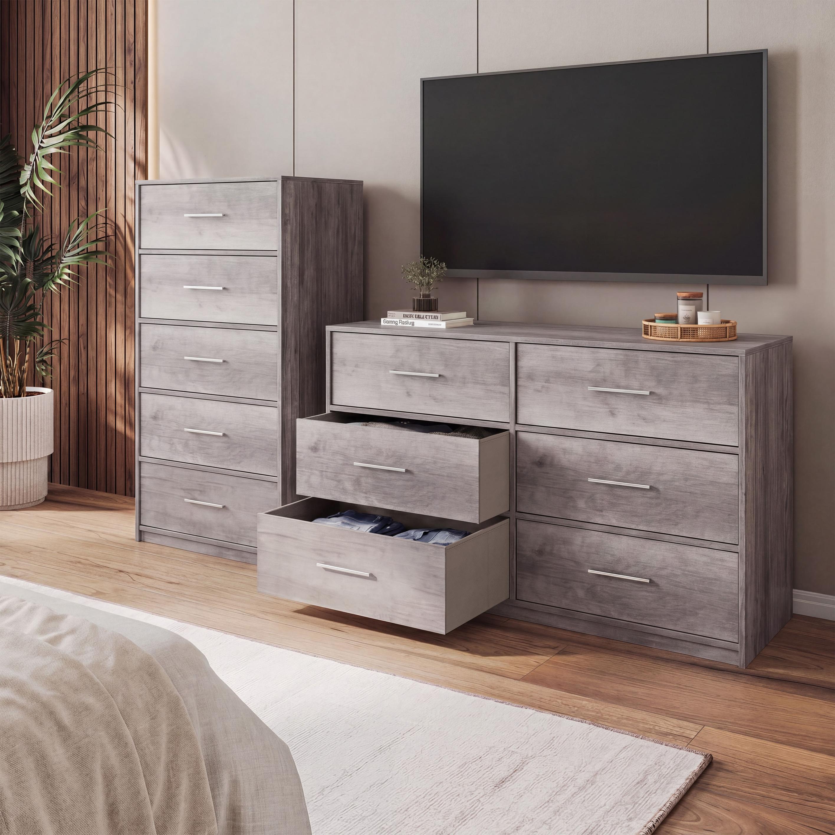 Spacious 5-Drawer Fabric Dresser with Wooden Top, Modern Storage Chest Organizer Tower for Closet, 22.5" L x 15.5" W x 43" H, Gray