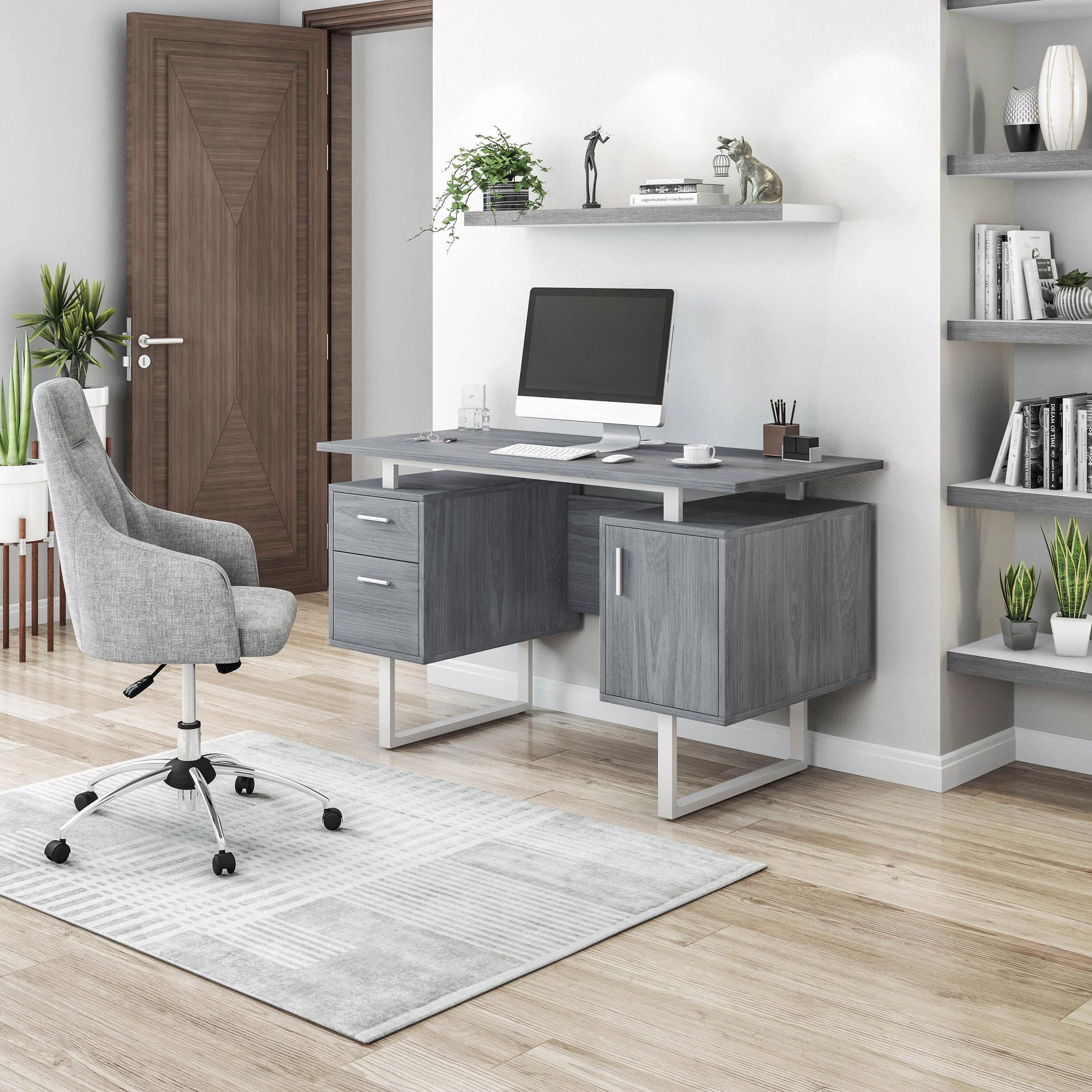 Modern White Desk with 2 Storage Drawers and Cabinet, Sleek Floating Desktop Computer Writing Table for Home Office, 51" L x 23.5" W x 30" H, Grey