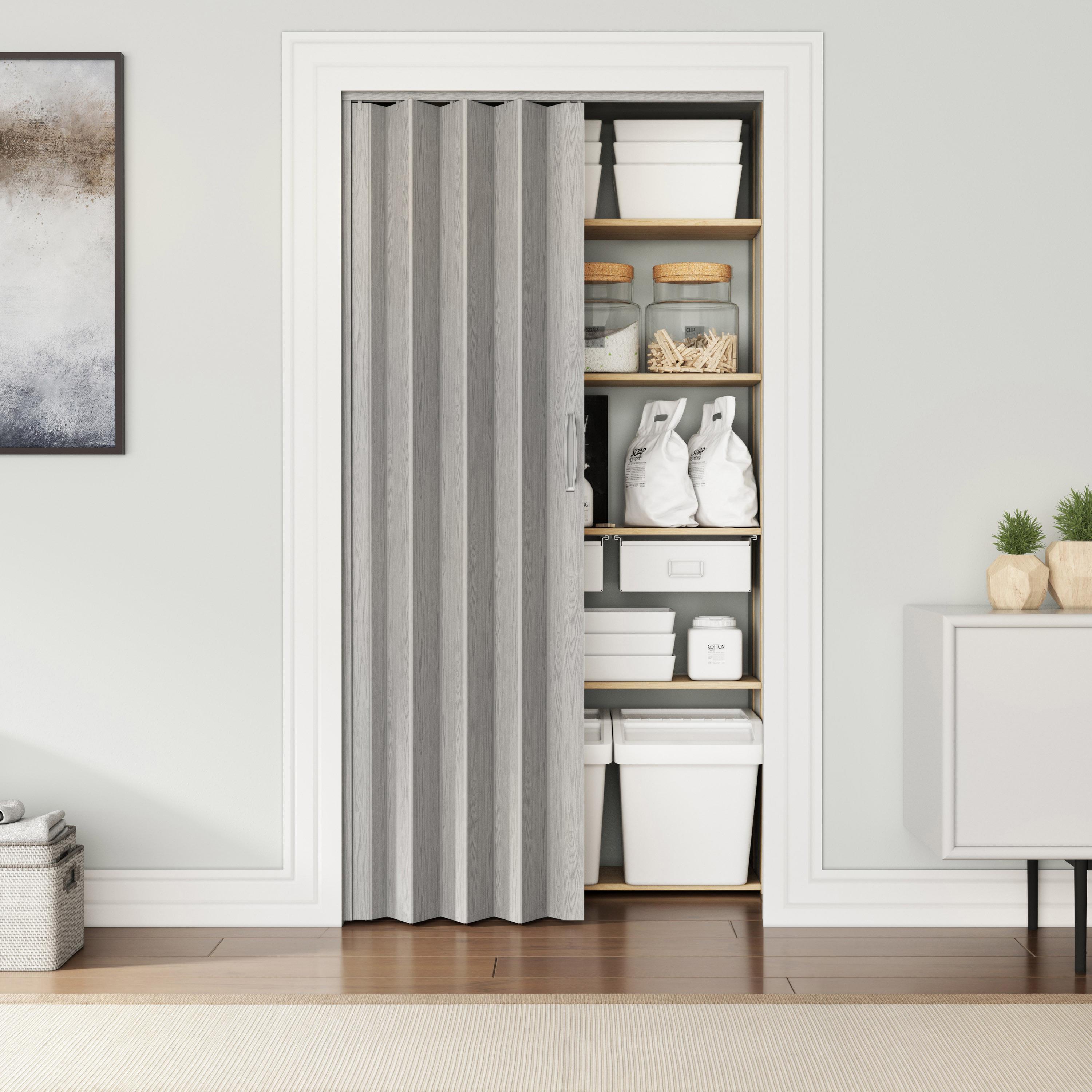 Durable Foldable Accordion Door with Scratch-Resistant Finish, Space-Saving Interior PVC Sliding Door for Bedroom, 48" L x 0.5" W x 80" H, Grey