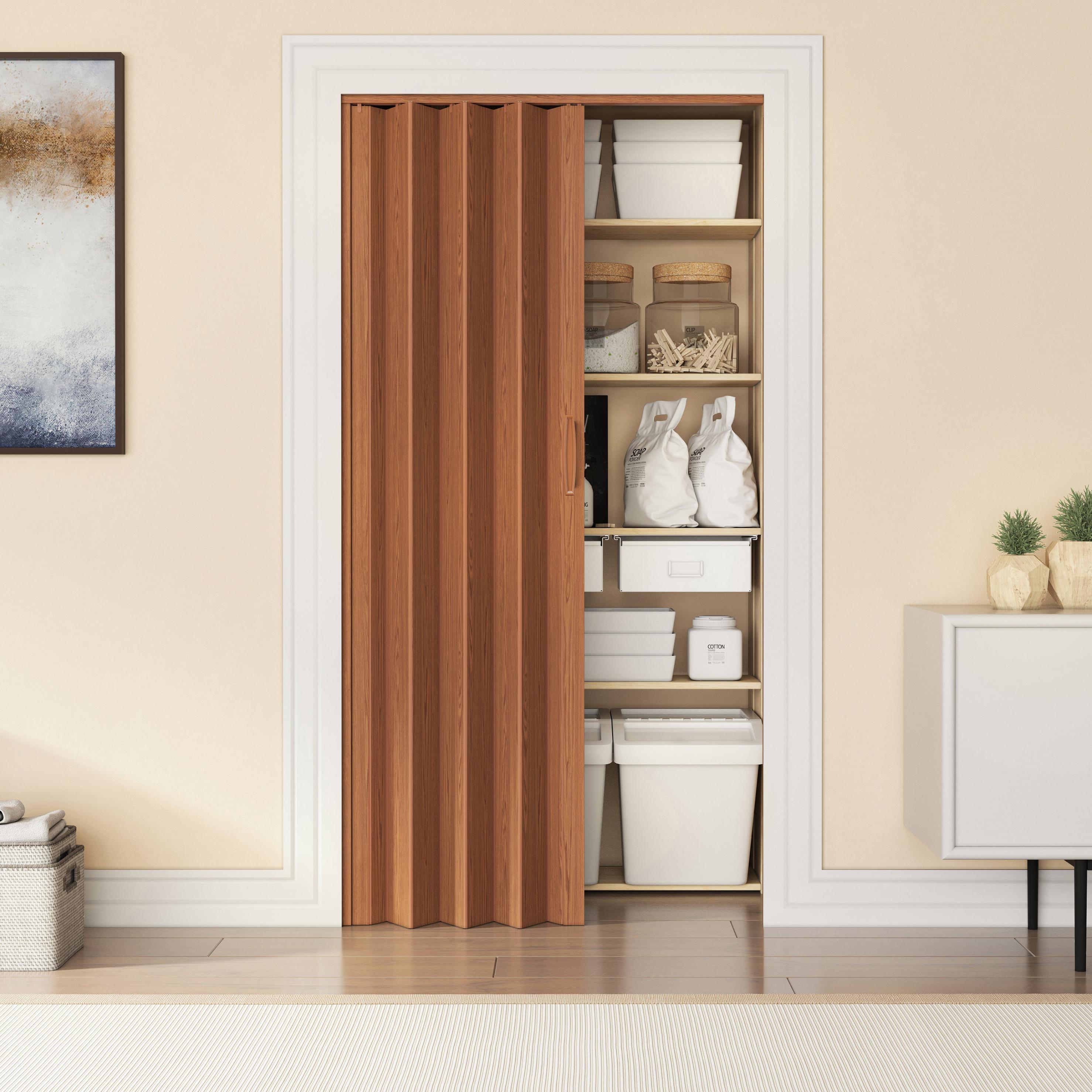 Durable Foldable Accordion Door with Scratch-Resistant Finish, Space-Saving Interior PVC Sliding Door for Bedroom, 48" L x 0.5" W x 80" H, Walnut