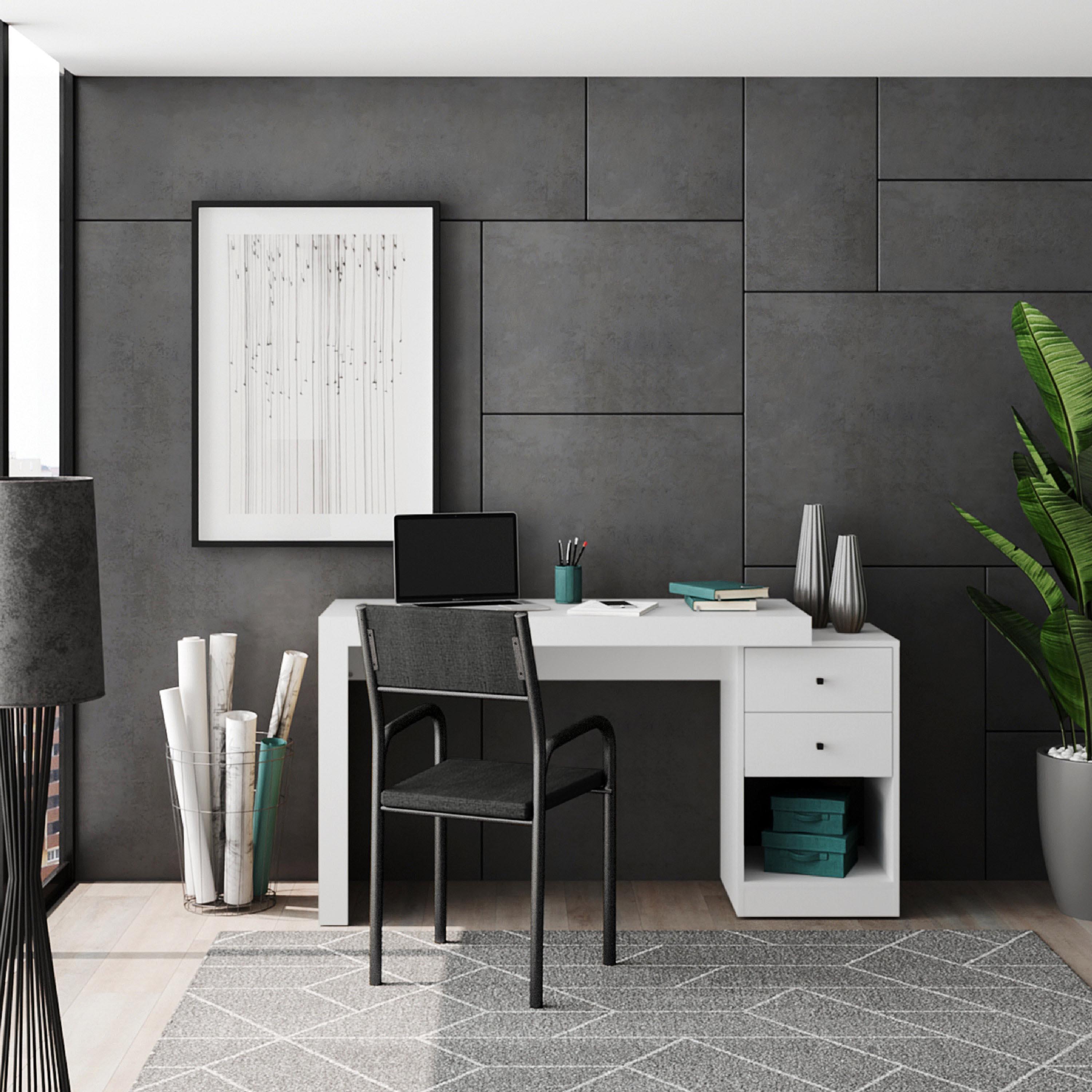 Sleek Expandable Desk with 2 Drawers and Open Bottom Shelf, Modern Home Office Computer Writing Table for Apartment, 47.5" L x 18" W x 29.5" H, White