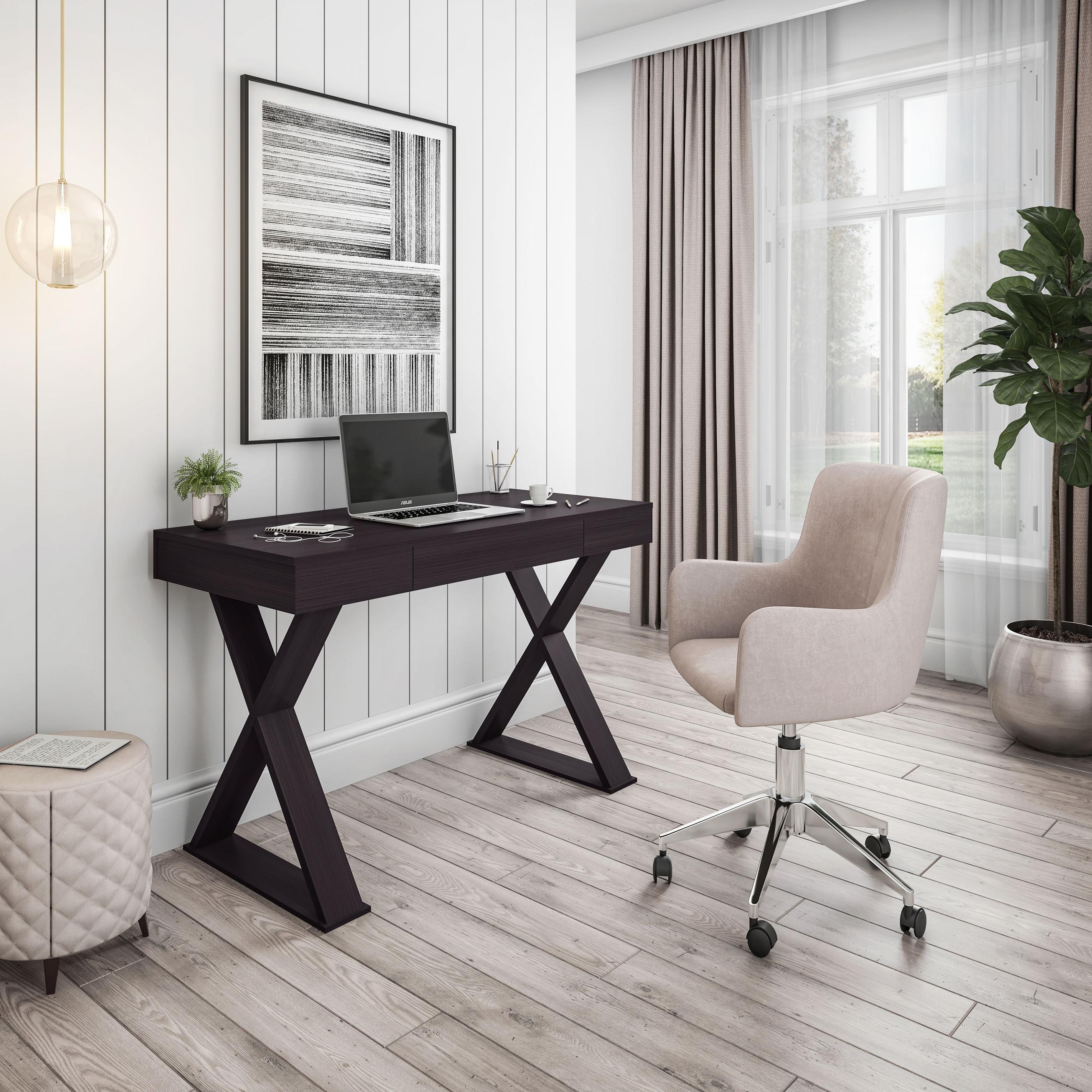 Trendy Writing Desk with Center Storage Drawer and X-Shaped Legs, Modern Home Office Computer Desk for Workspace, 47" L x 22" W x 30" H, Espresso
