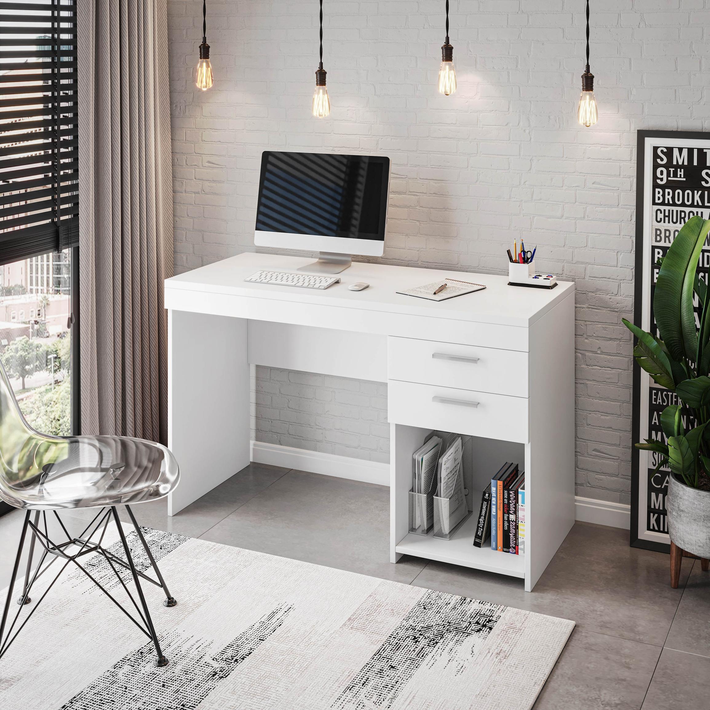 Contemporary White Workstation with Open Bottom Shelf, Modern Home Office Computer Writing Desk for Small Space, 47.5" L x 16" W x 30.5" H, White
